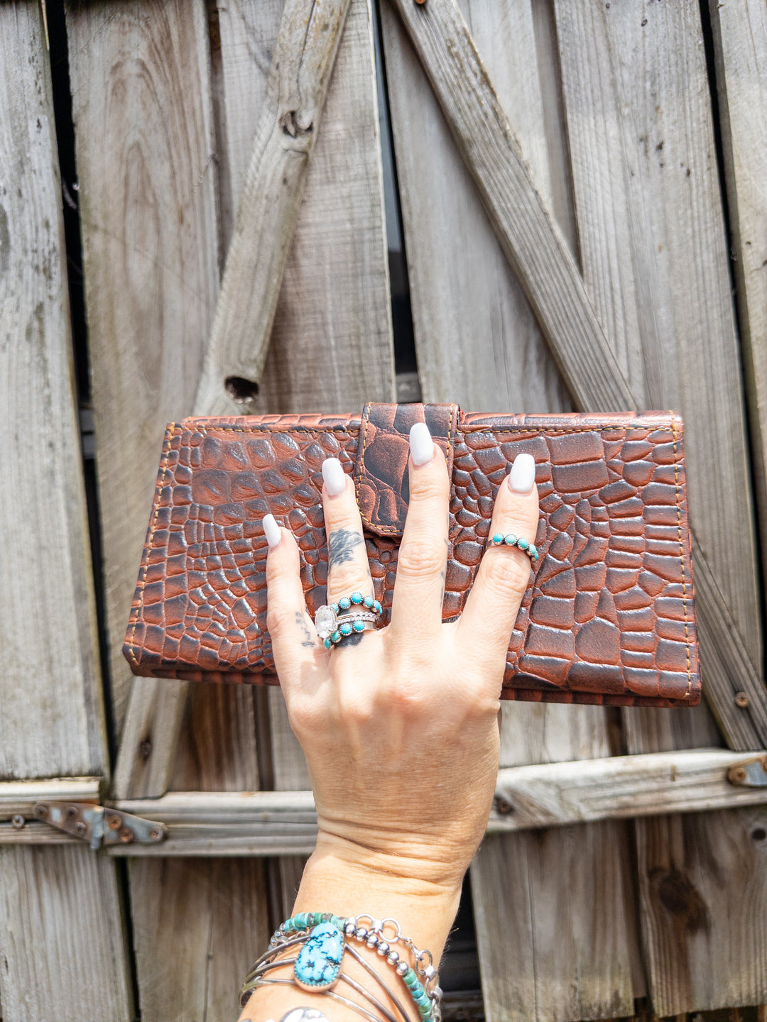 Embossed Croc Leather Clutch Wallet – Yellow or Red Stitch (The Alligator Alley)