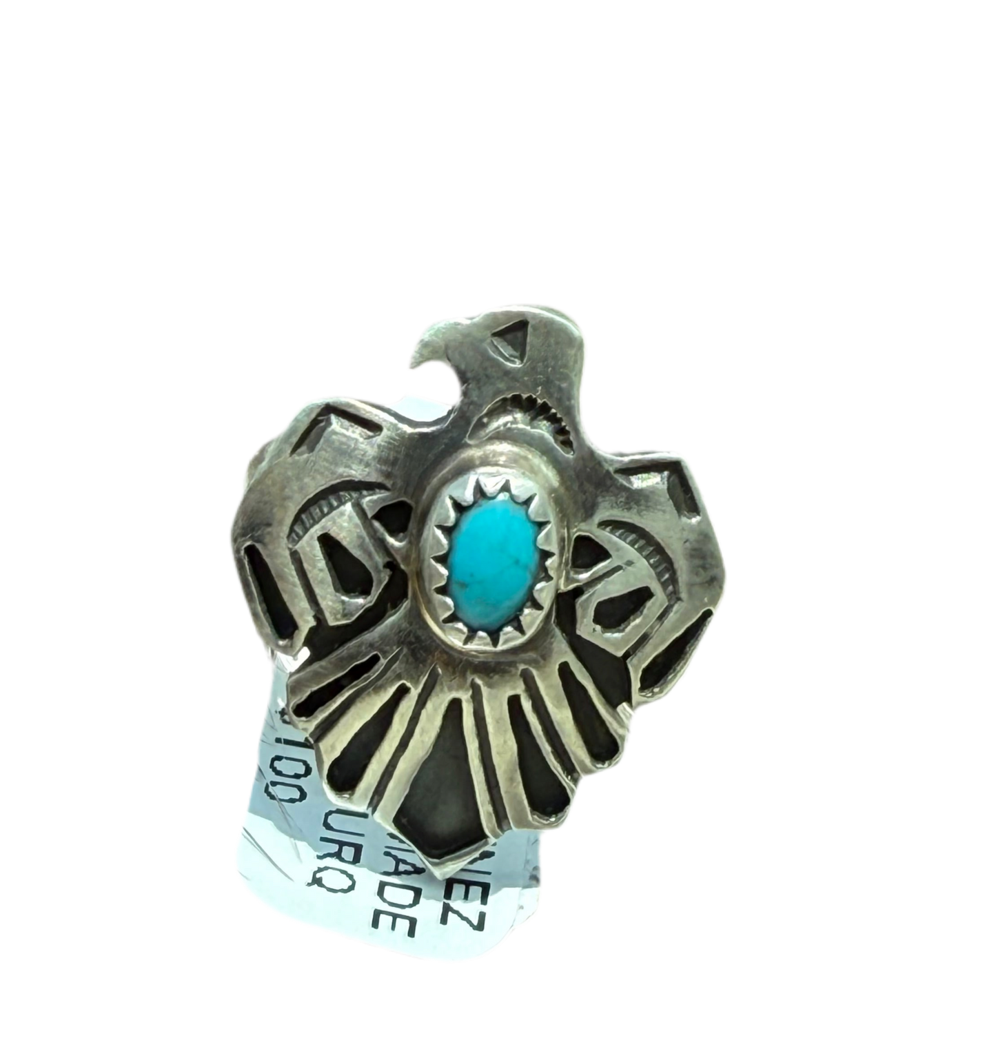 Robert Martinez Navajo Sterling Silver Thunderbird Kingman Turquoise Ring - Size 6