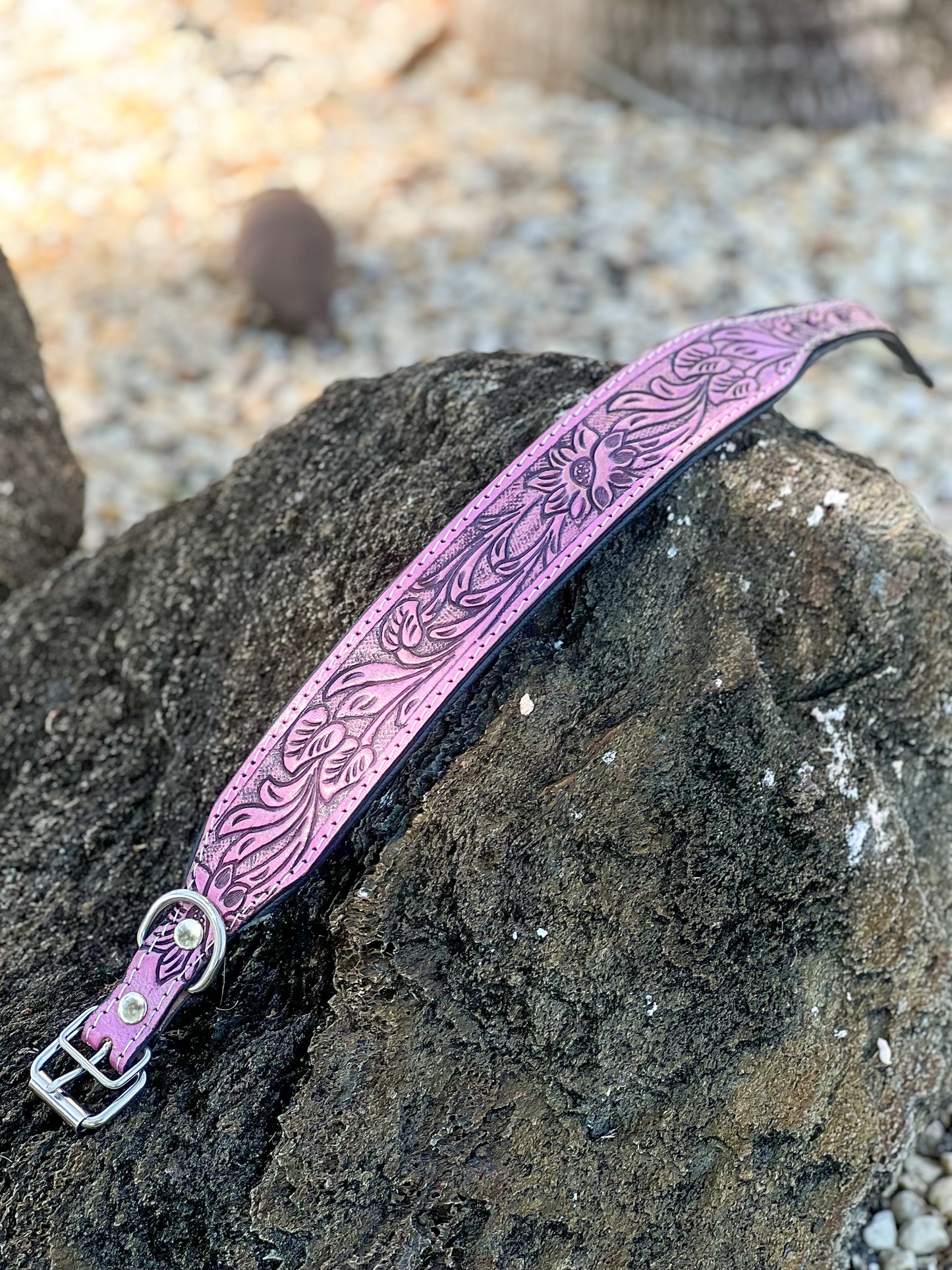 Magnolia Belle : (M/L) Pink Floral Leather Hand Tooled Dog Collar