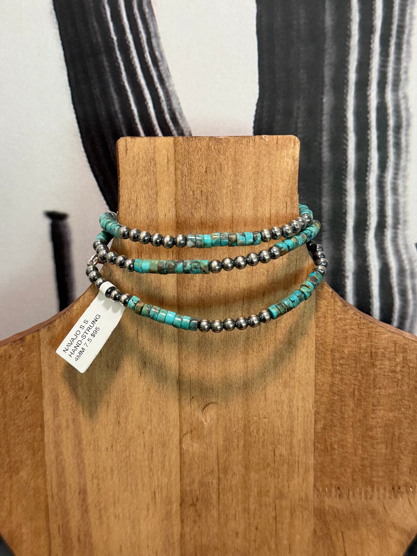 Navajo handstrung machine made sterling silver & Kingman Turquoise Navajo Pearl Bracelet