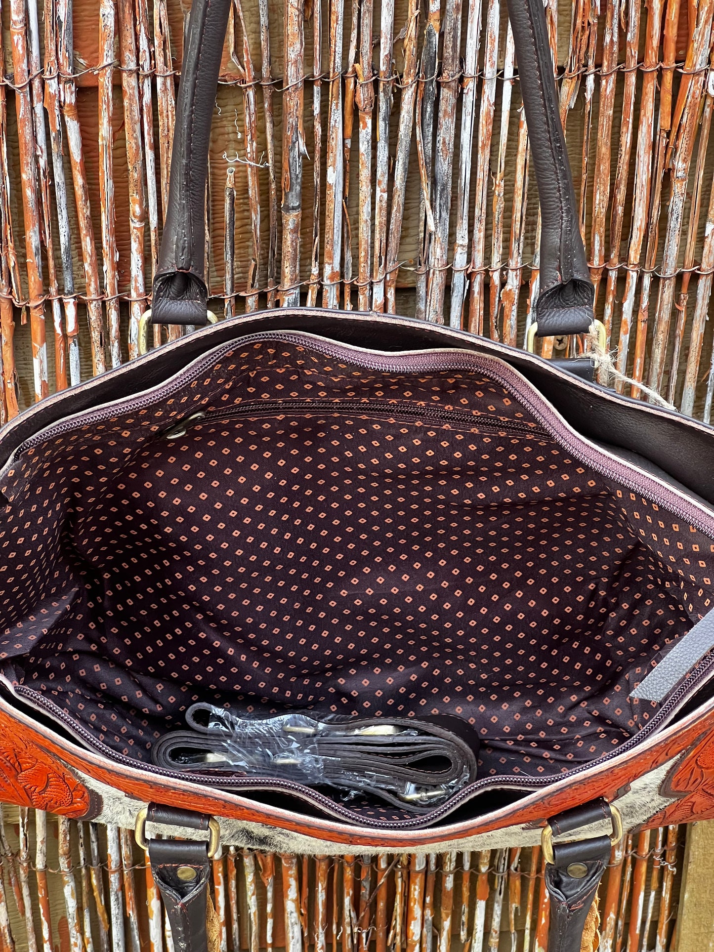 Dawn to Dusk – Large Everyday Western Concealed Carry Tote with Tooled Leather, Cowhide & Fringe Handles