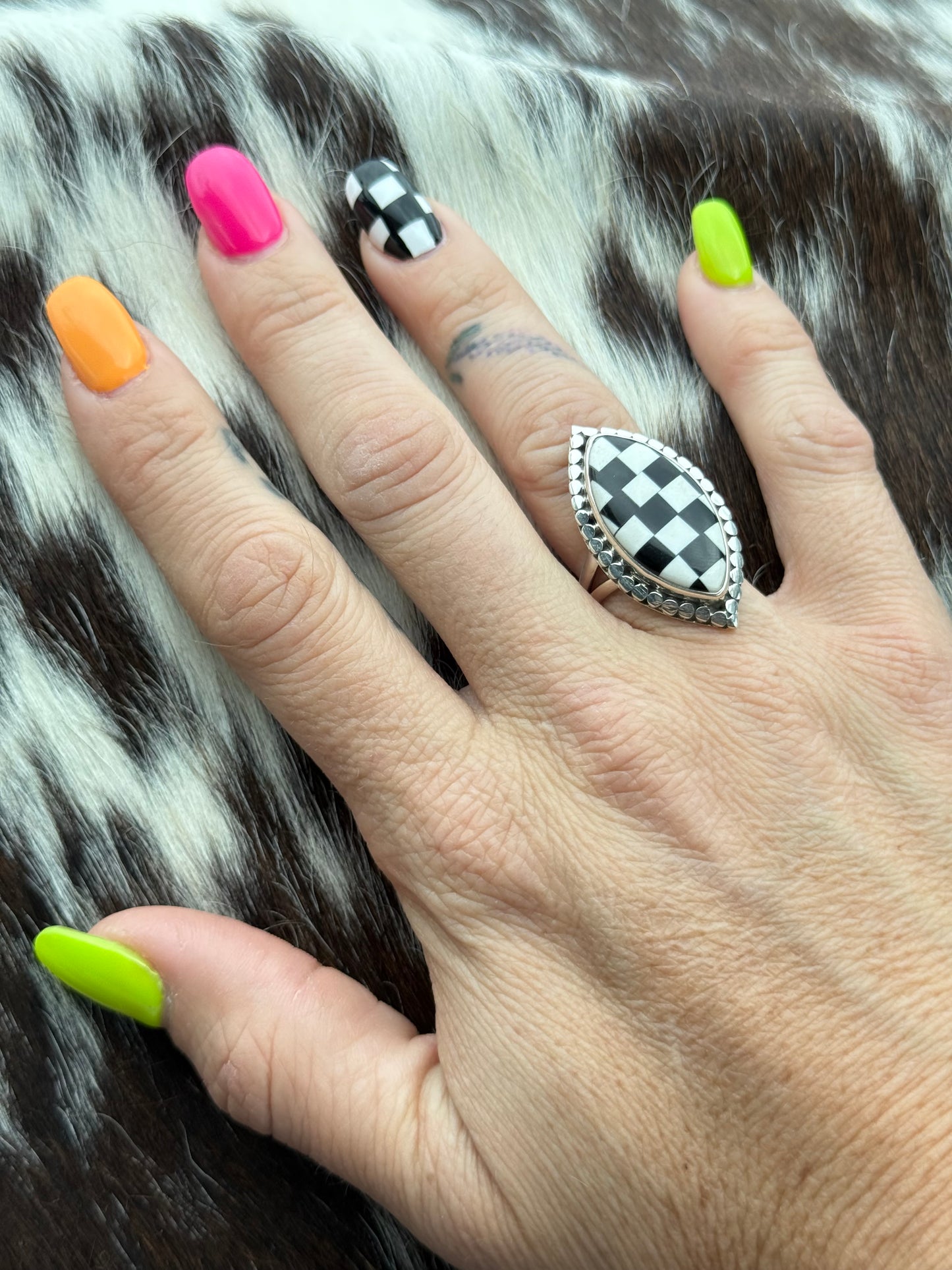 Sterling Silver Black and White Checkered Ring