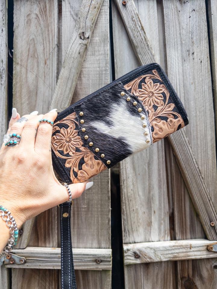 Family Tradition | Black and Tan Tooled Leather with Black and White Cowhide Women’s Western Studded Wallet