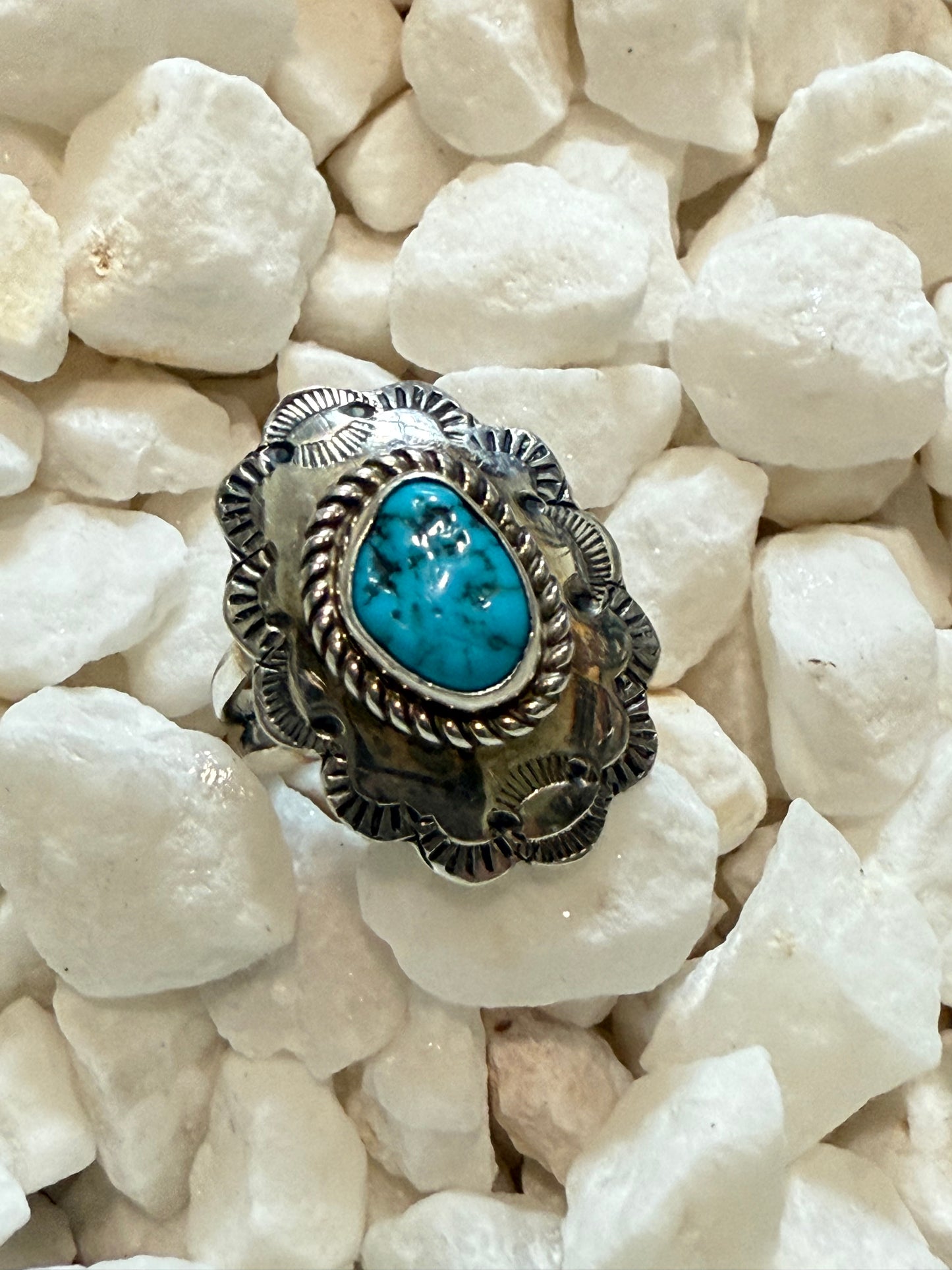 Turquoise & Sterling Silver Concho Ring Size 8 - Signed K