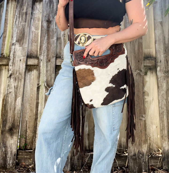 The Sidekick | Tooled Leather & Cowhide Concealed Carry Crossbody with Fringe Sides