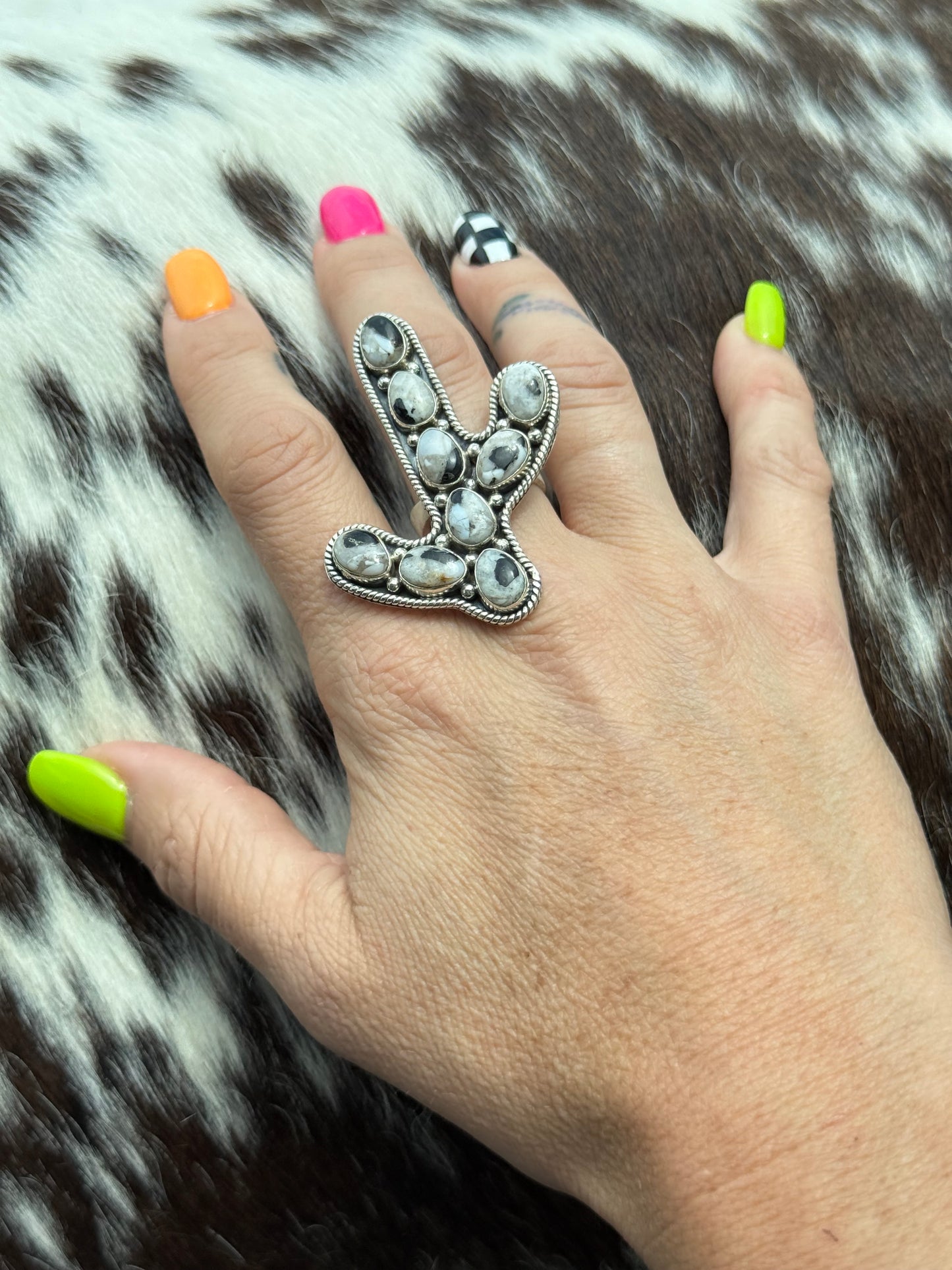 Cactus White Buffalo SW Designer Sterling Silver Adjustable Ring