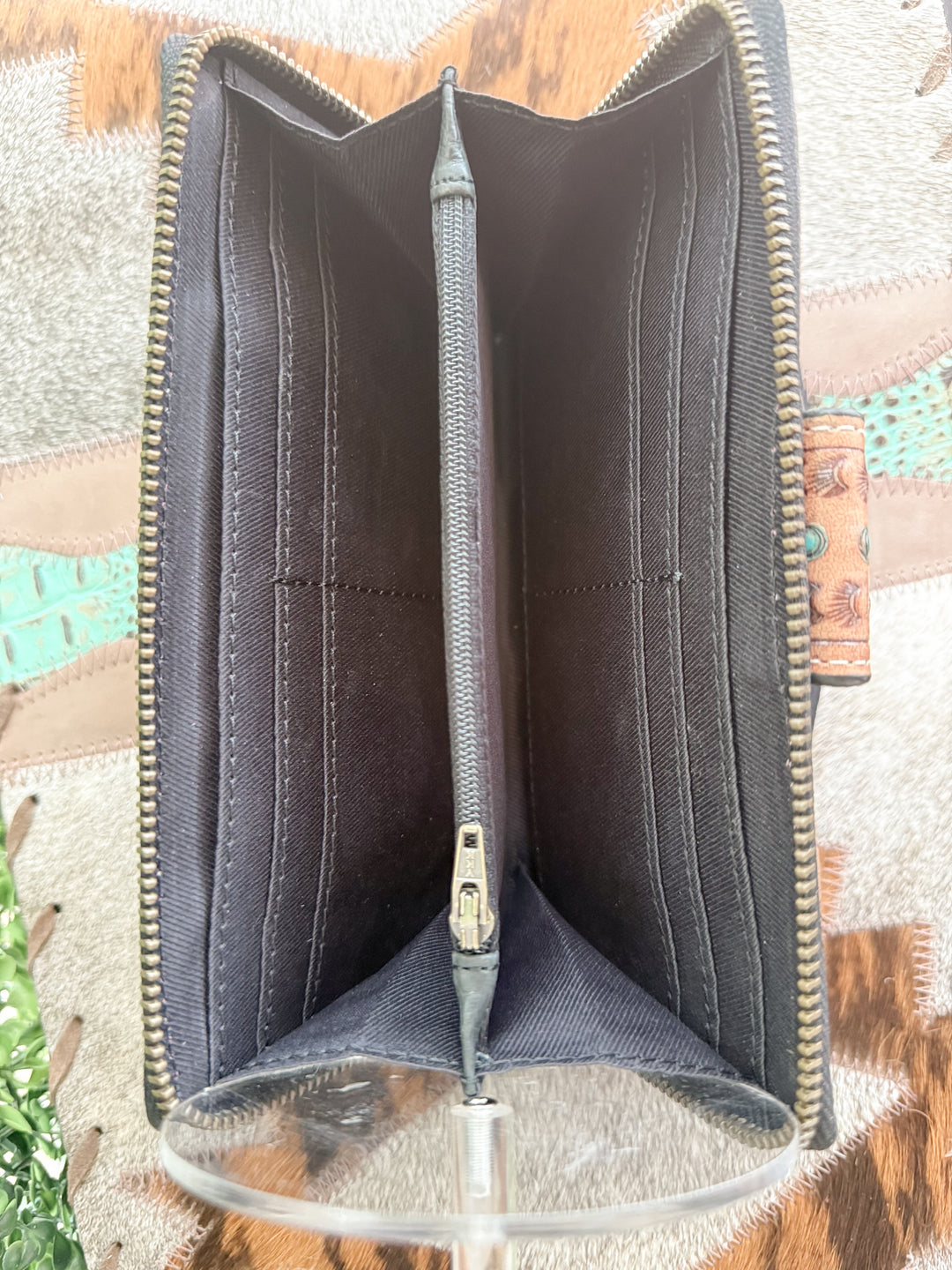 Wild Side : Tooled Leather Hair-On-Hide Cheetah design Turquoise Detail Wallet with Hand Strap