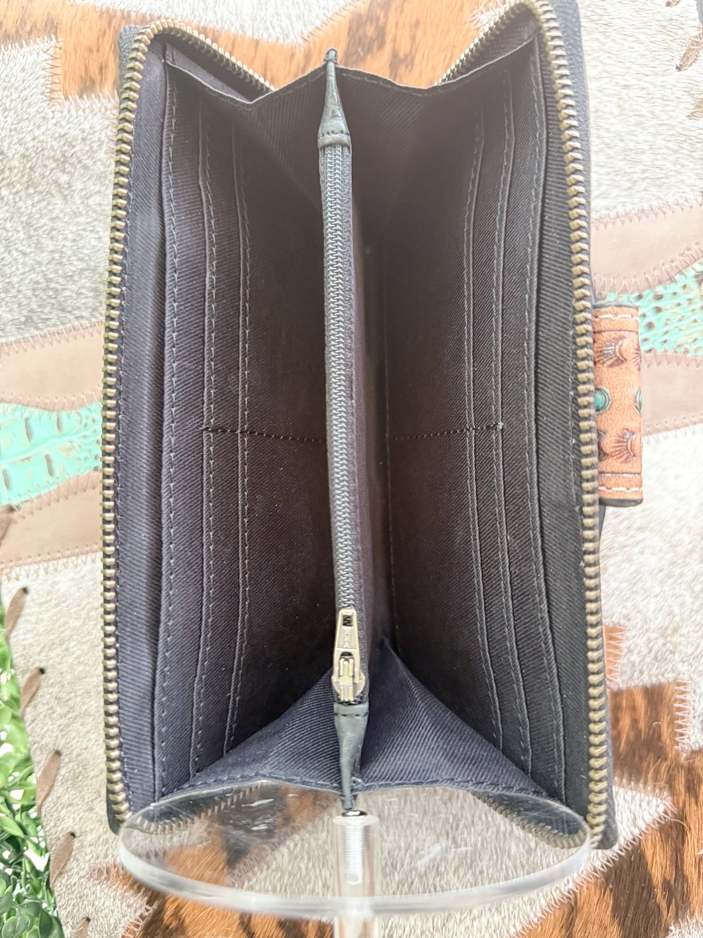 Wild Side : Tooled Leather Hair-On-Hide Cheetah design Turquoise Detail Wallet with Hand Strap