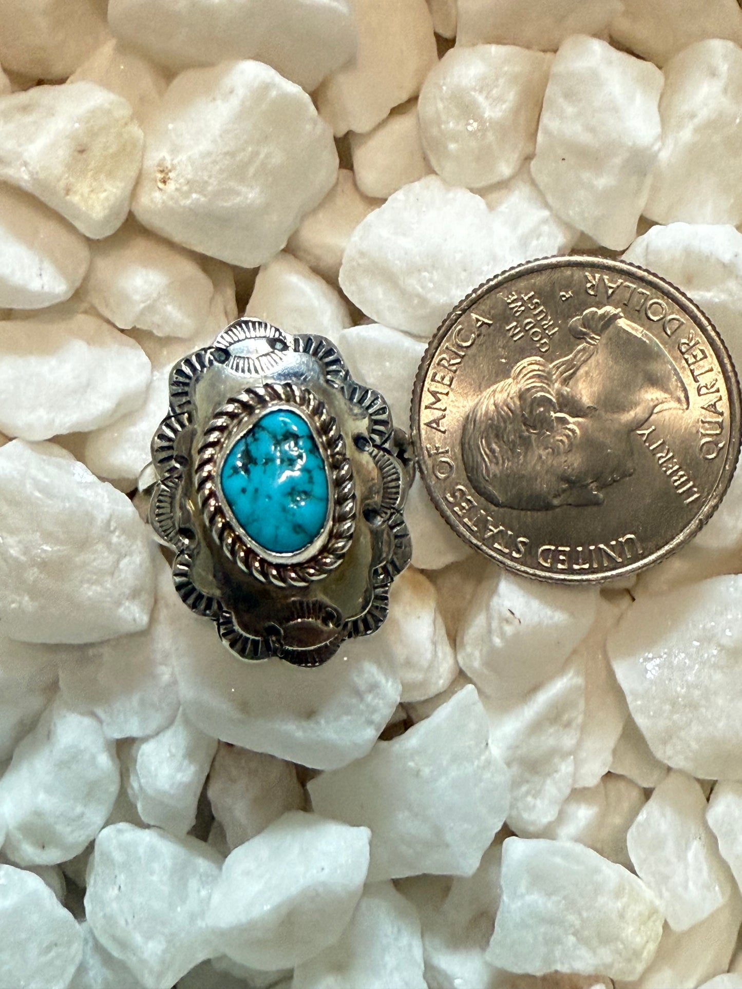 Turquoise & Sterling Silver Concho Ring Size 8 - Signed K