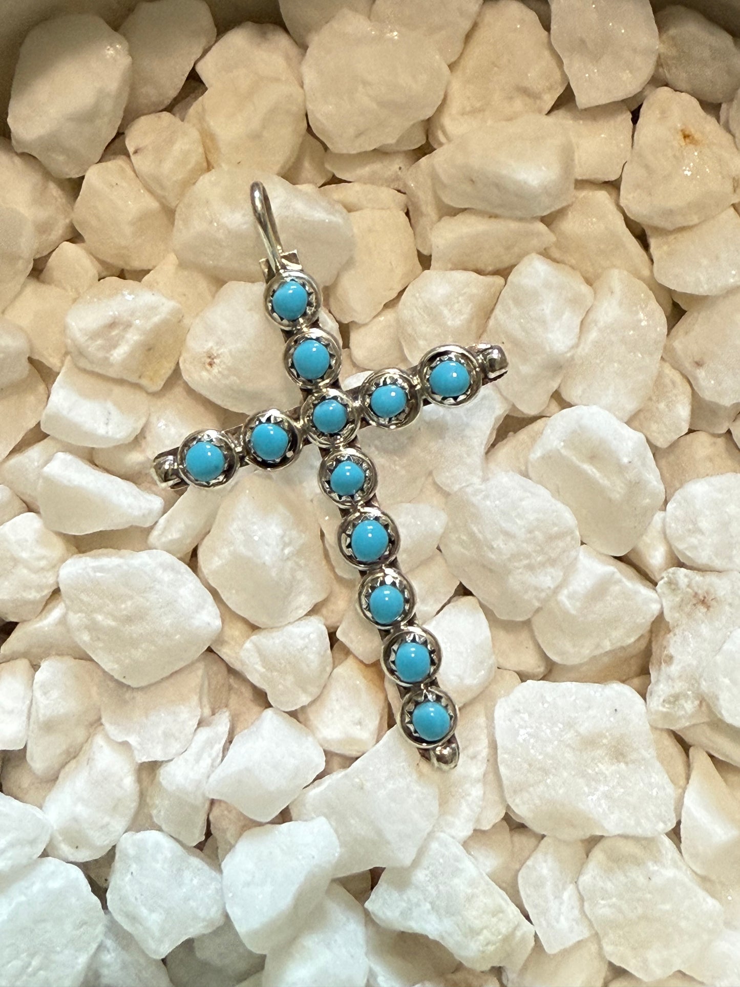 Handmade Zuni Kingman Sterling Silver Turquoise Cross Pendant (signed)