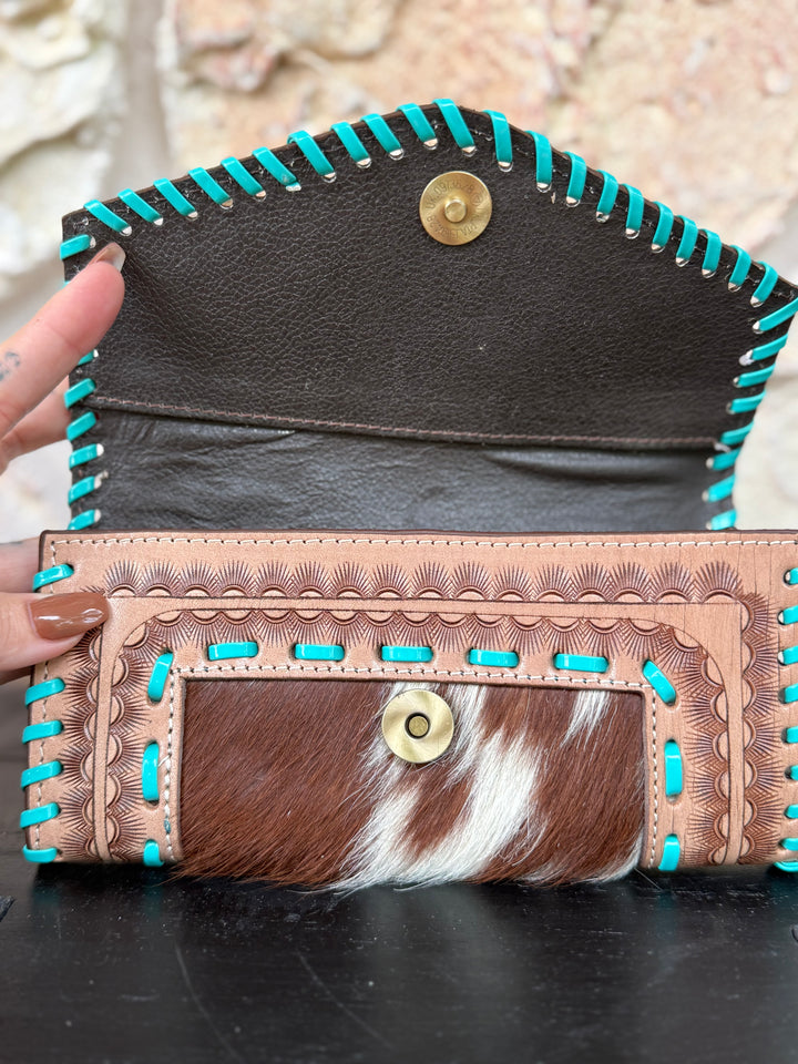 Turquosie Tangle : Tooled Leather Turquoise Stitched Cowhide Wallet