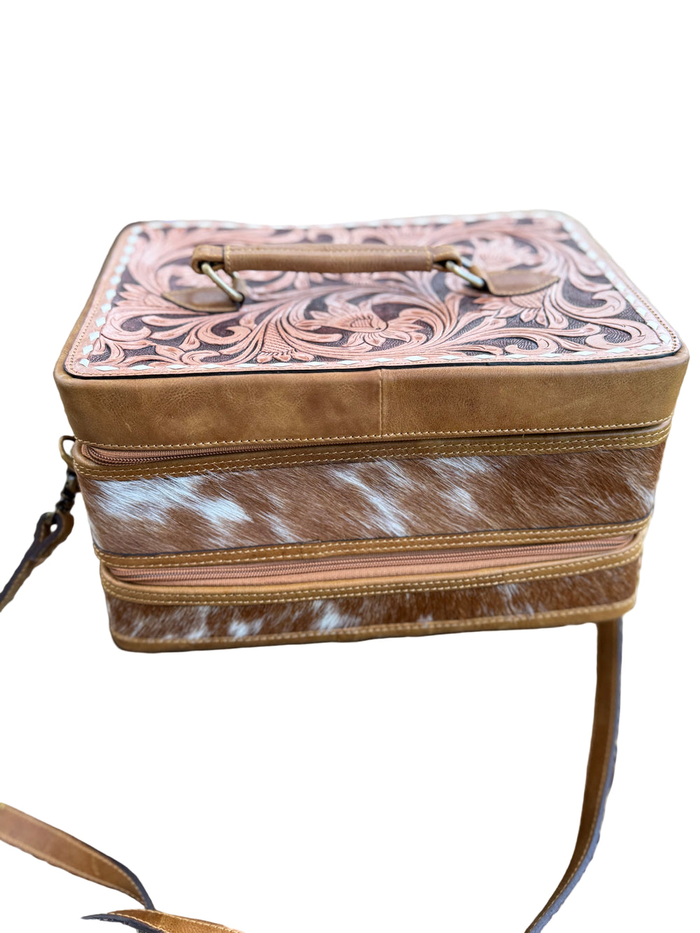 Brown leather and hair on cowhide patterned jewelry box with crossbody strap
