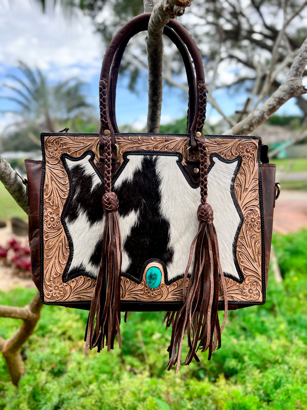 Get to Work Bag | Cowboy brown Concealed Carry Leather and Cowhide braided fringe tote