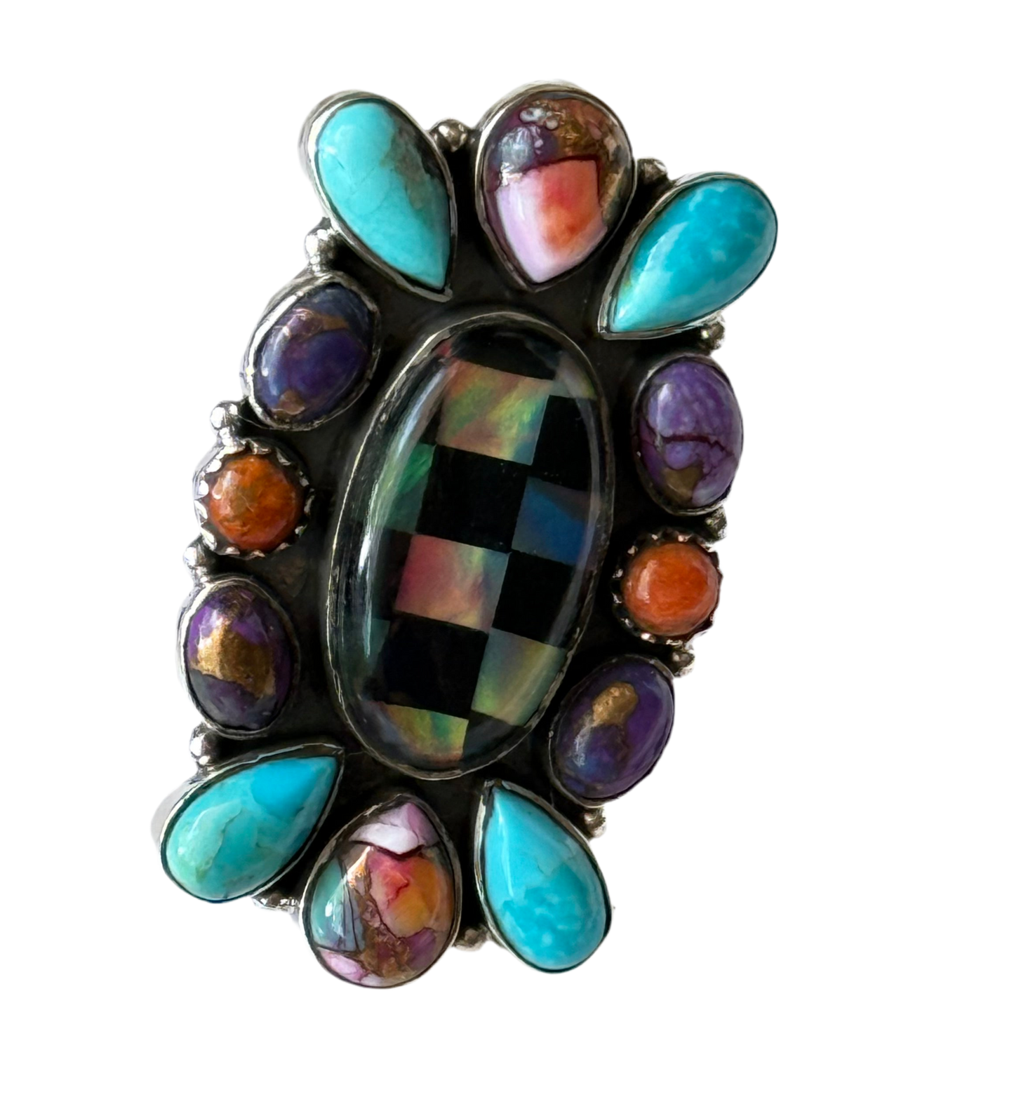 Southwestern 925 Handcrafted Mosiac Onyx, Turquoise, Spiny Oyster Asjustable Ring