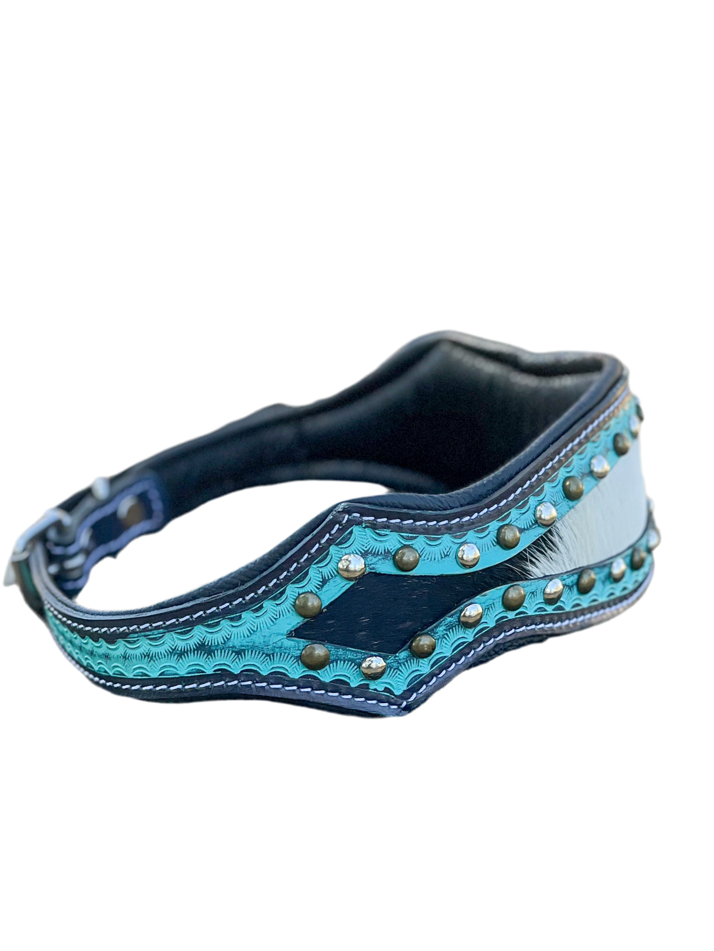TURQUOISE OULAW (XL) Hand tooled leather and cowhide studded dog collar