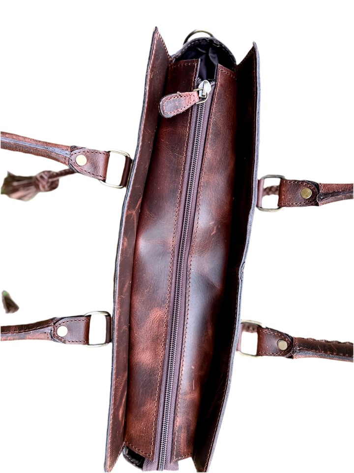 Get to Work Bag | Cowboy brown Concealed Carry Leather and Cowhide braided fringe tote