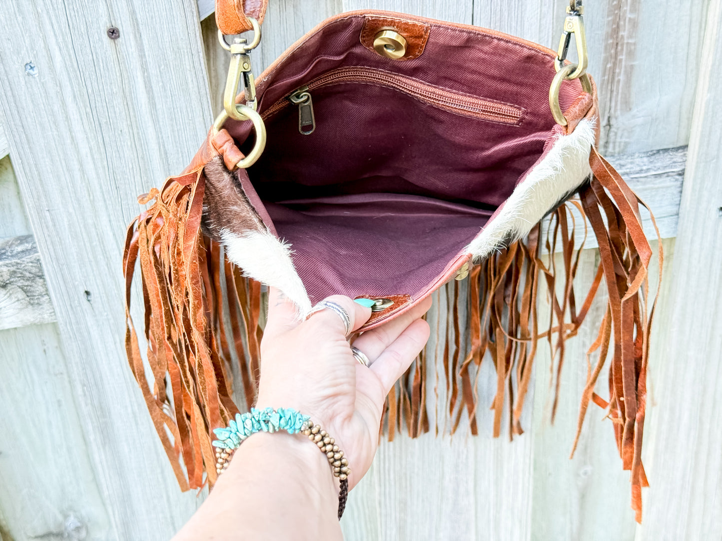 Hey Stud: Hair on Cowhide Leather Studed Fringe Crossbody Purse