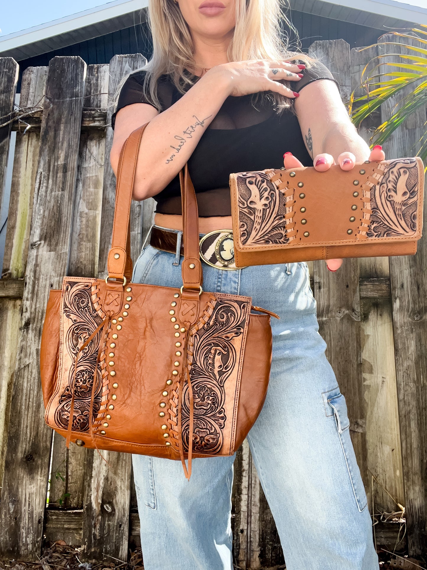 Michaela Coors LITE : Lightweight All Leather Handtooled Floral Design Studded Shoulder Purse with Matching Wallet SET