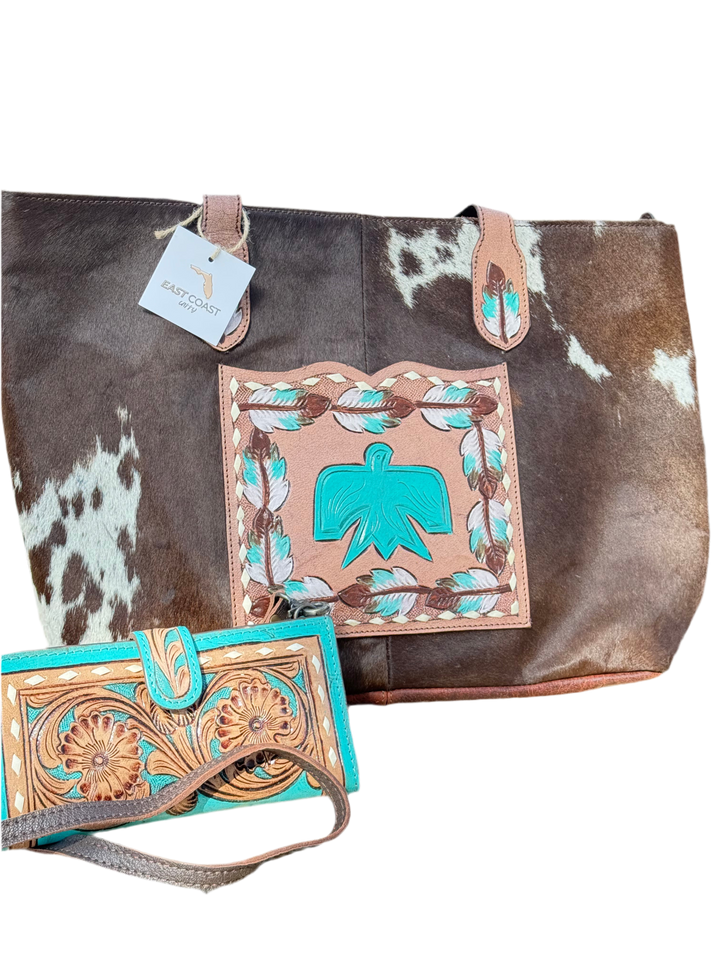 Turquoise Thunder | Cowhide Tooled Leather Concealed Carry Tote & Clutch Set Thunderbird Design