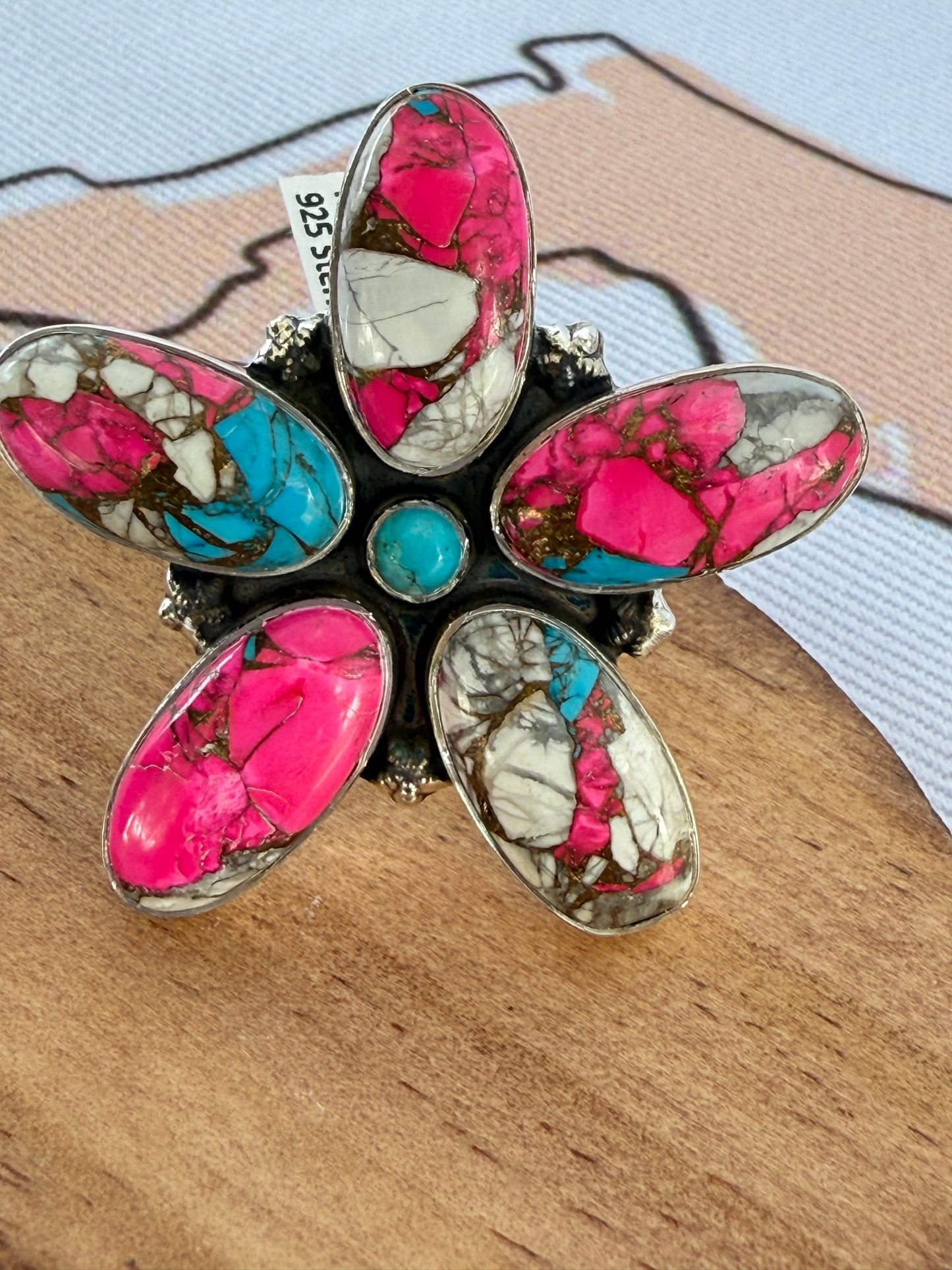 Cotton Candy Turquoise Sterling Silver Southwestern Artisan Flower Ring - Size 9