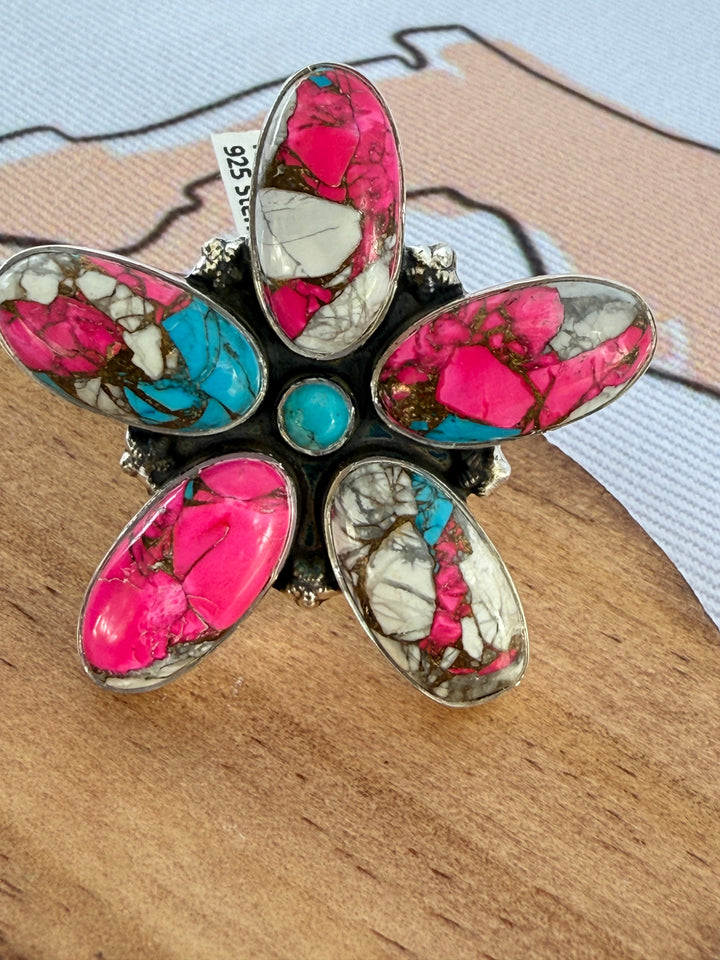 Cotton Candy Turquoise Sterling Silver Southwestern Artisan Flower Ring - Size 9