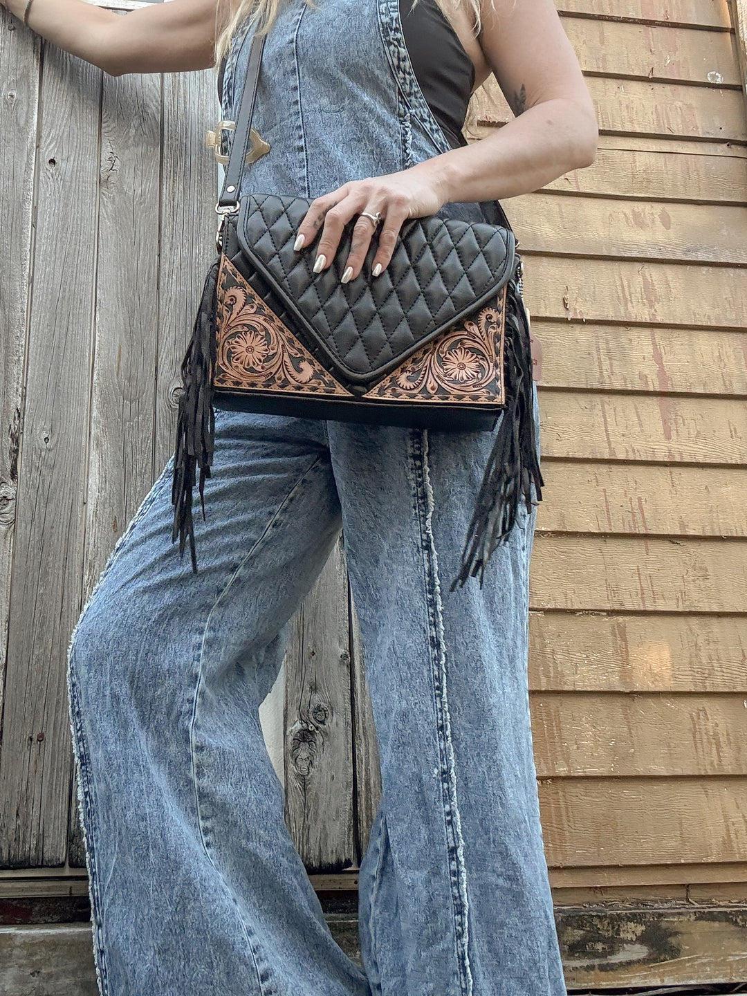 Noir Belle | Quilted and Tooled Leather Western Chic Crossbody Purse
