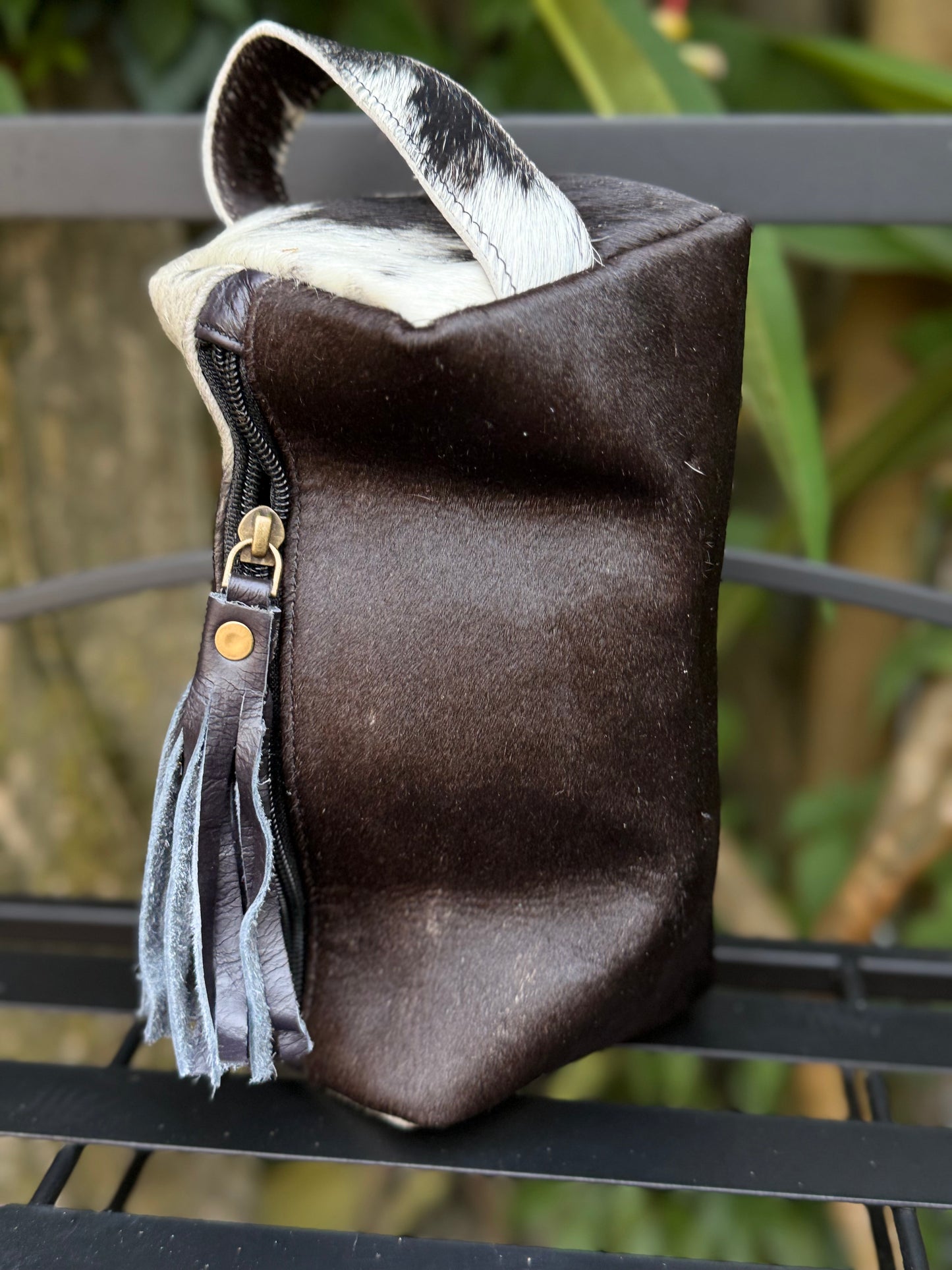 Black Cowhide & Leather Travel Cosmetic Bag | Black Fringe