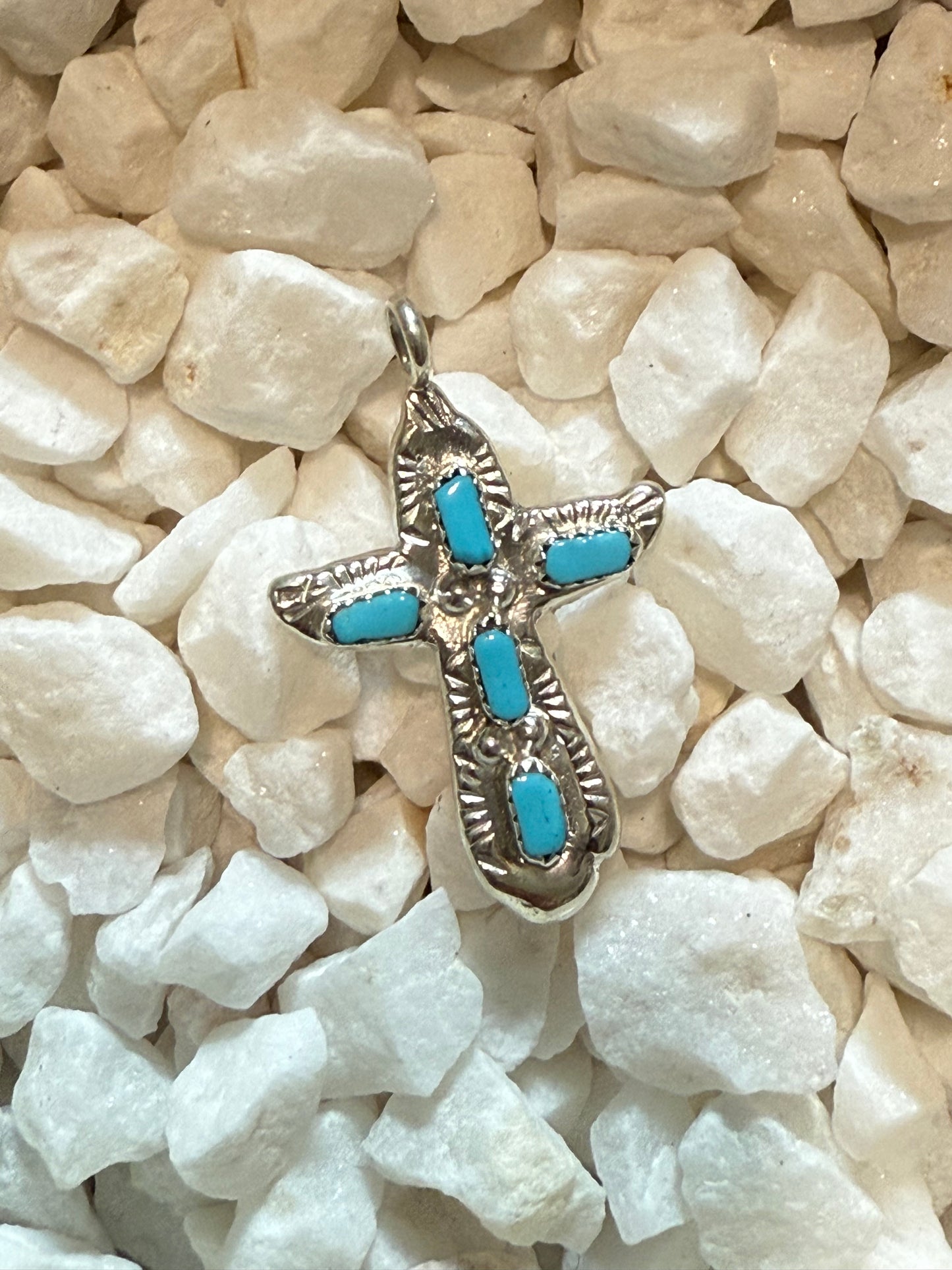 Native American Zuni handmade signed Sterling Silver & Turquoise Cross Pendant
