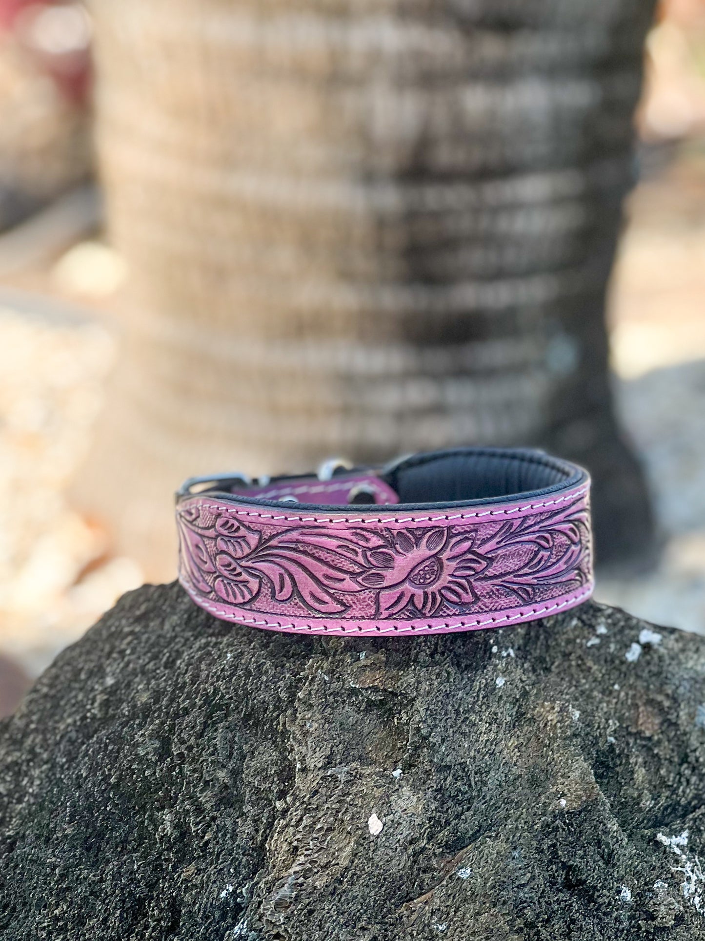 Magnolia Belle : (M/L) Pink Floral Leather Hand Tooled Dog Collar