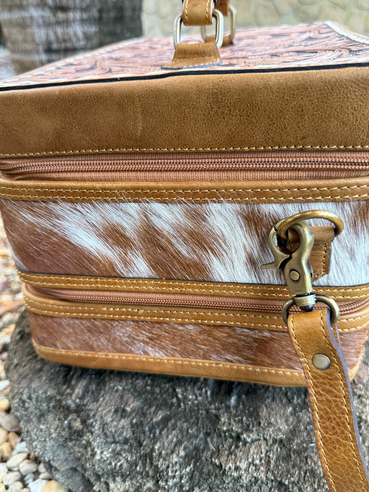 The Double Decker in Tan | Large Tan and White Cowhide and Tooled Leather Jewelry Case