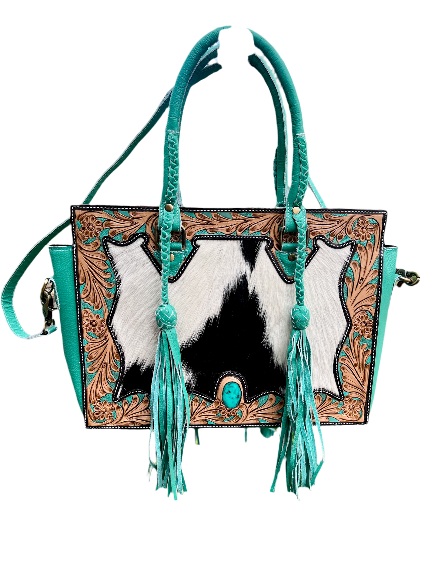 ‘Tiffany’ Concealed Carry Get to Work bag : Mint Green Turquoise Leather with Black and White Hair-on-Cowhide