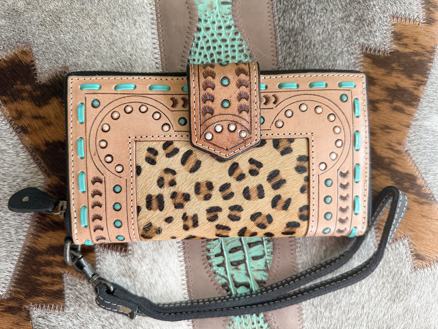 Wild Side : Tooled Leather Hair-On-Hide Cheetah design Turquoise Detail Wallet with Hand Strap