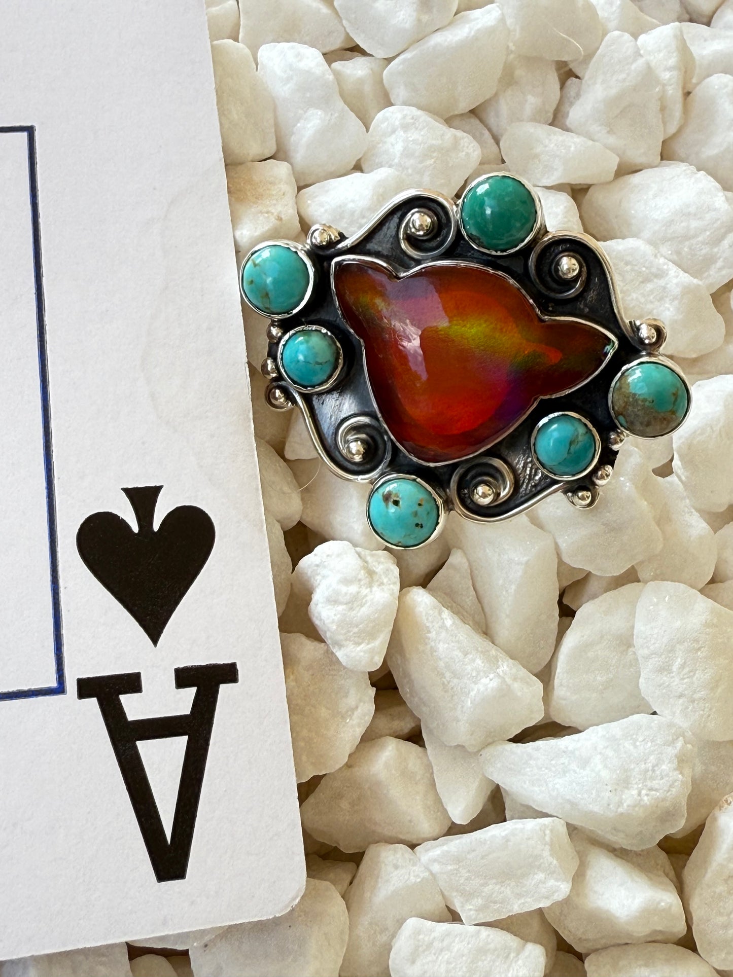 The Maverick – Southwestern Artistian Made Orange Mojave Cow & Turquoise Scroll 925 Ring (Adjustable)