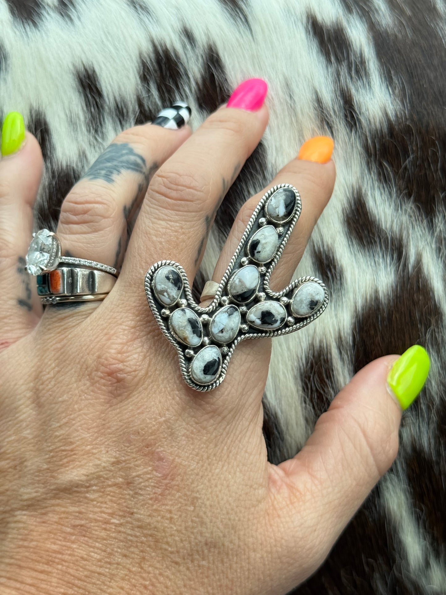 Cactus White Buffalo SW Designer Sterling Silver Adjustable Ring