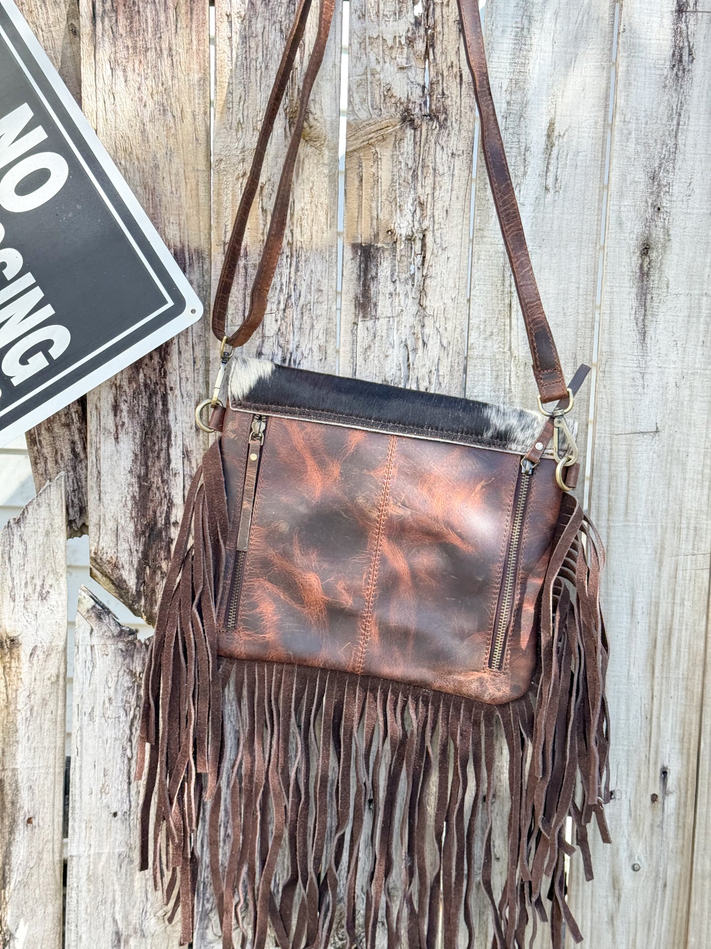 Midnight Thunder : Handcrafted Leather and Cowhide Concealed Carry Bag with Fringe Detail and Tbird Design