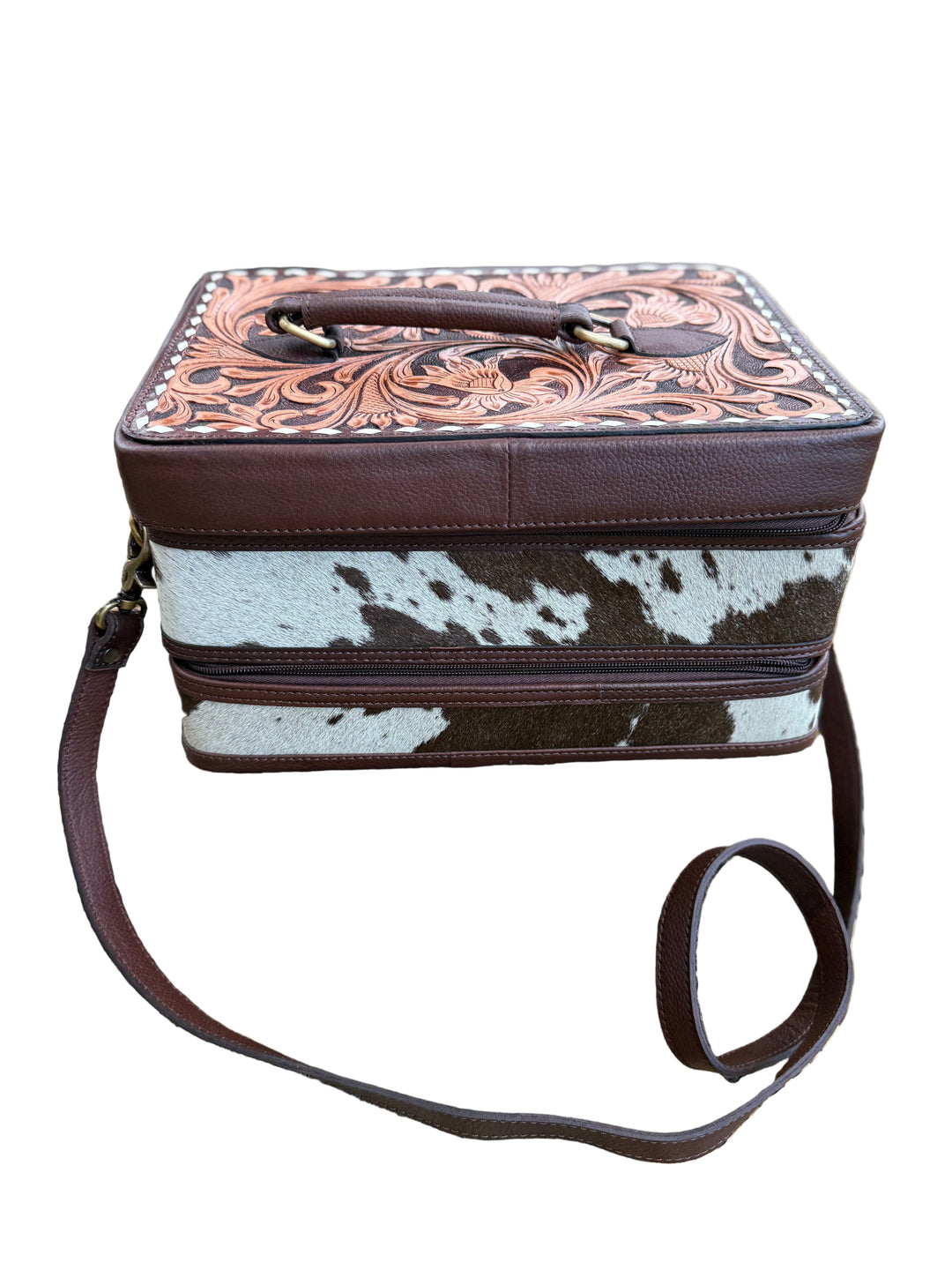 Dark Brown Leather and Hair on Cowhide Double Decker Handmade Jewelry Box with Top Handle and Strap