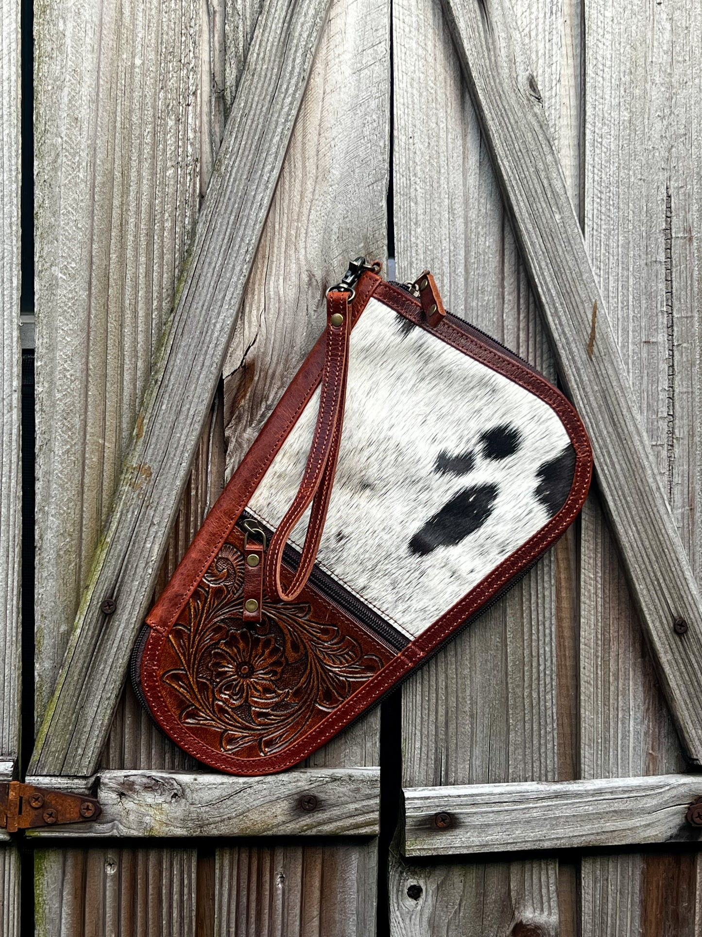 Tooled Leather and Cowhide Handgun Carry Case