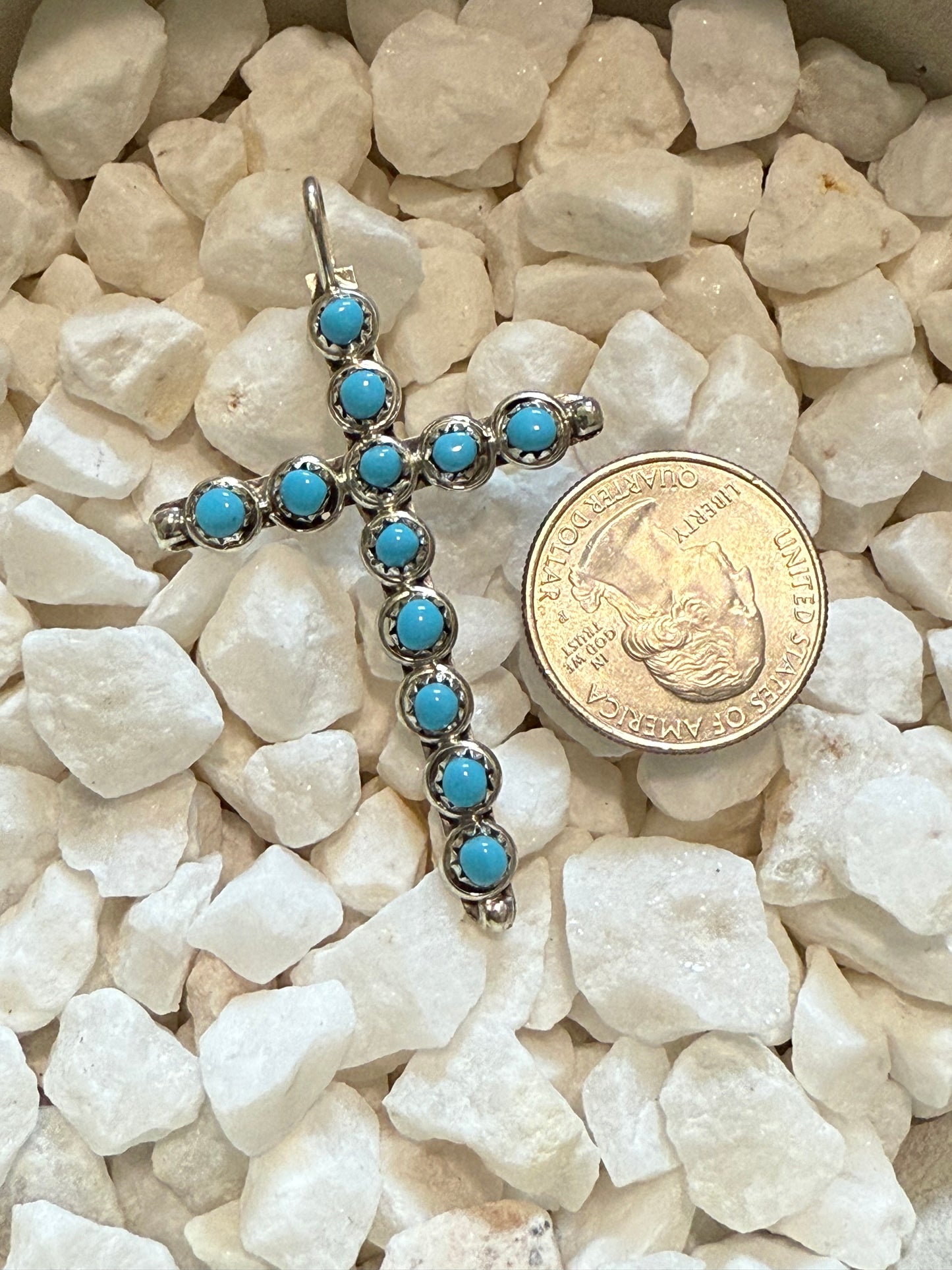 Handmade Zuni Kingman Sterling Silver Turquoise Cross Pendant (signed)
