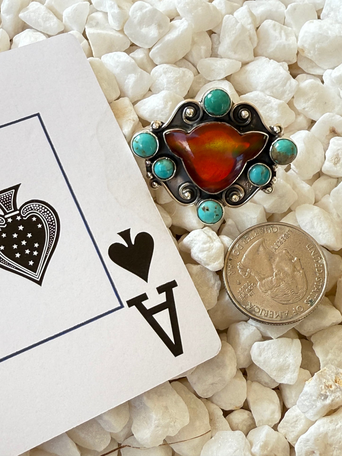 The Maverick – Southwestern Artistian Made Orange Mojave Cow & Turquoise Scroll 925 Ring (Adjustable)