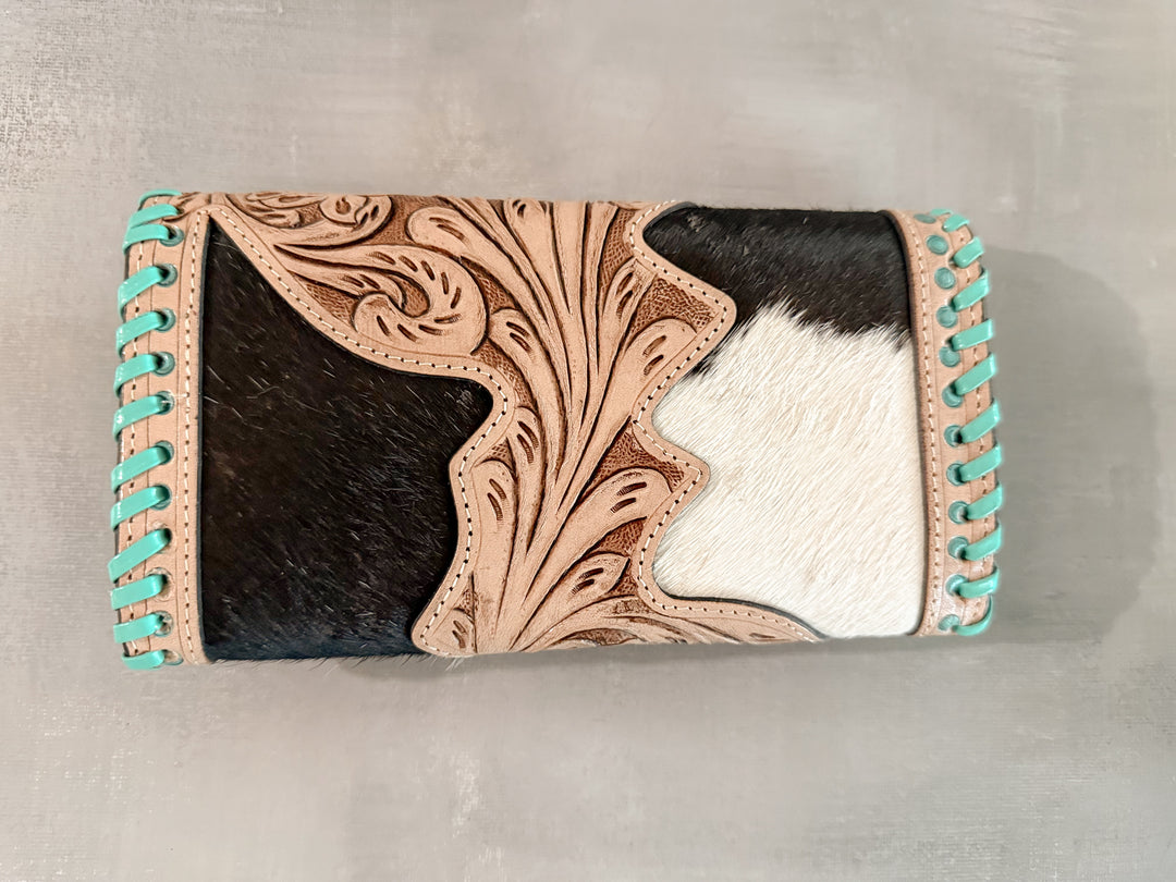 Hide and Ace : Tooled Leather and Cowhide Aces Card Design Turquoise Stiched Wallet