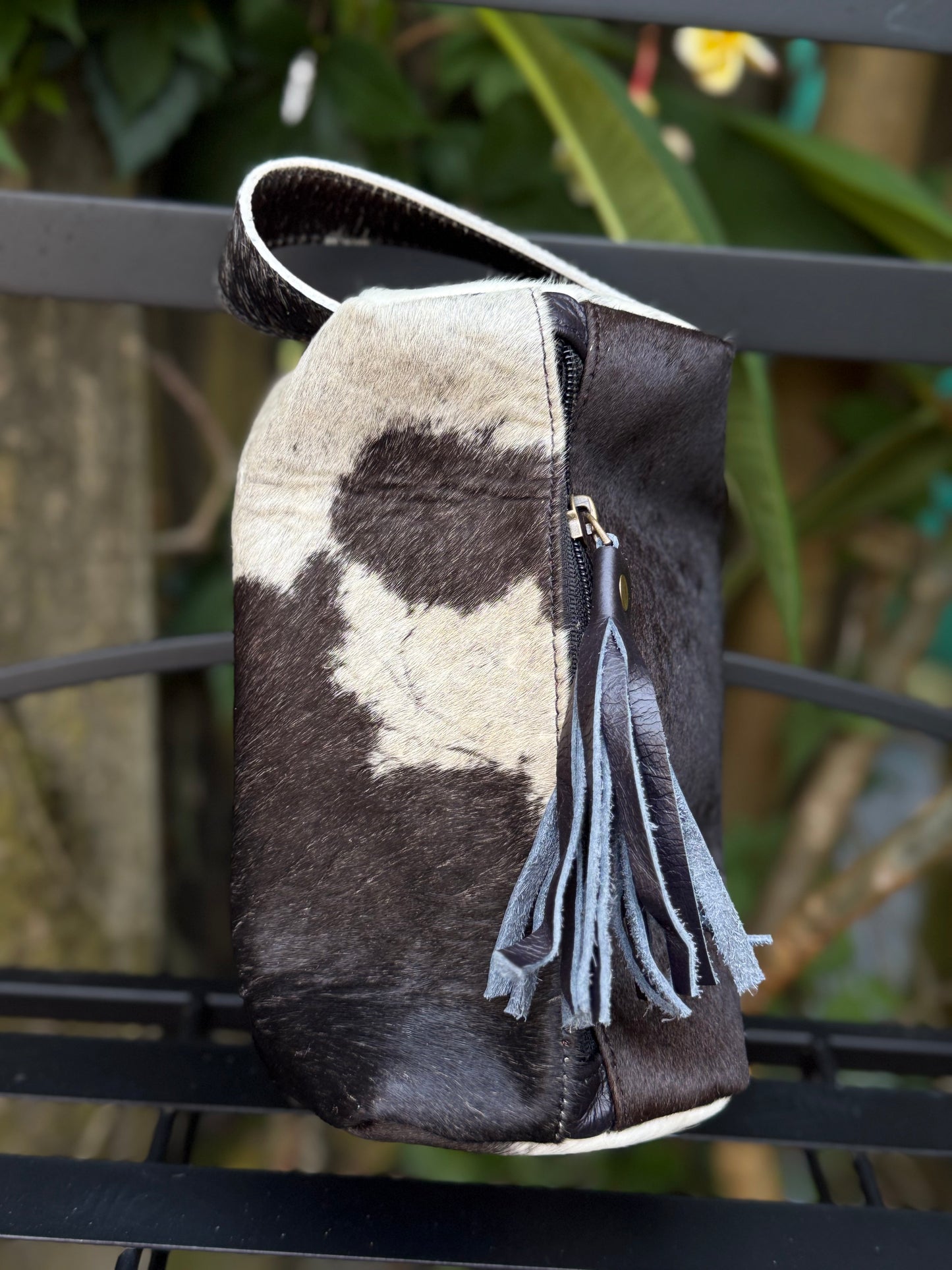 Black Cowhide & Leather Travel Cosmetic Bag | Black Fringe