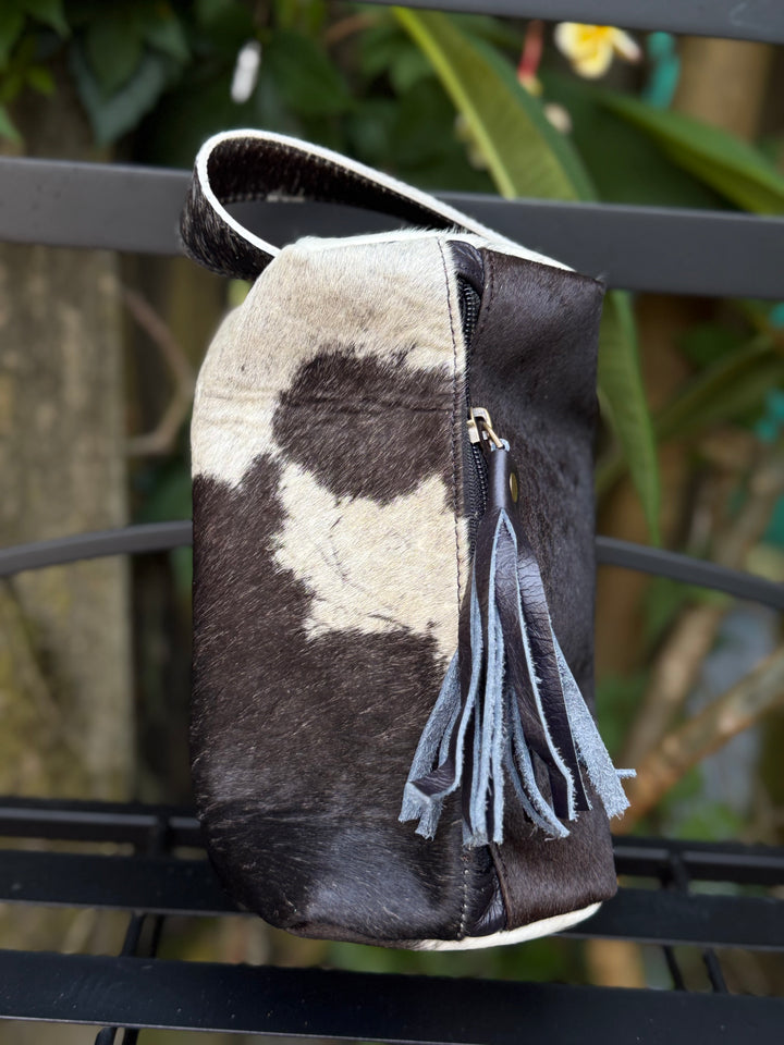 Black Cowhide & Leather Travel Cosmetic Bag | Black Fringe