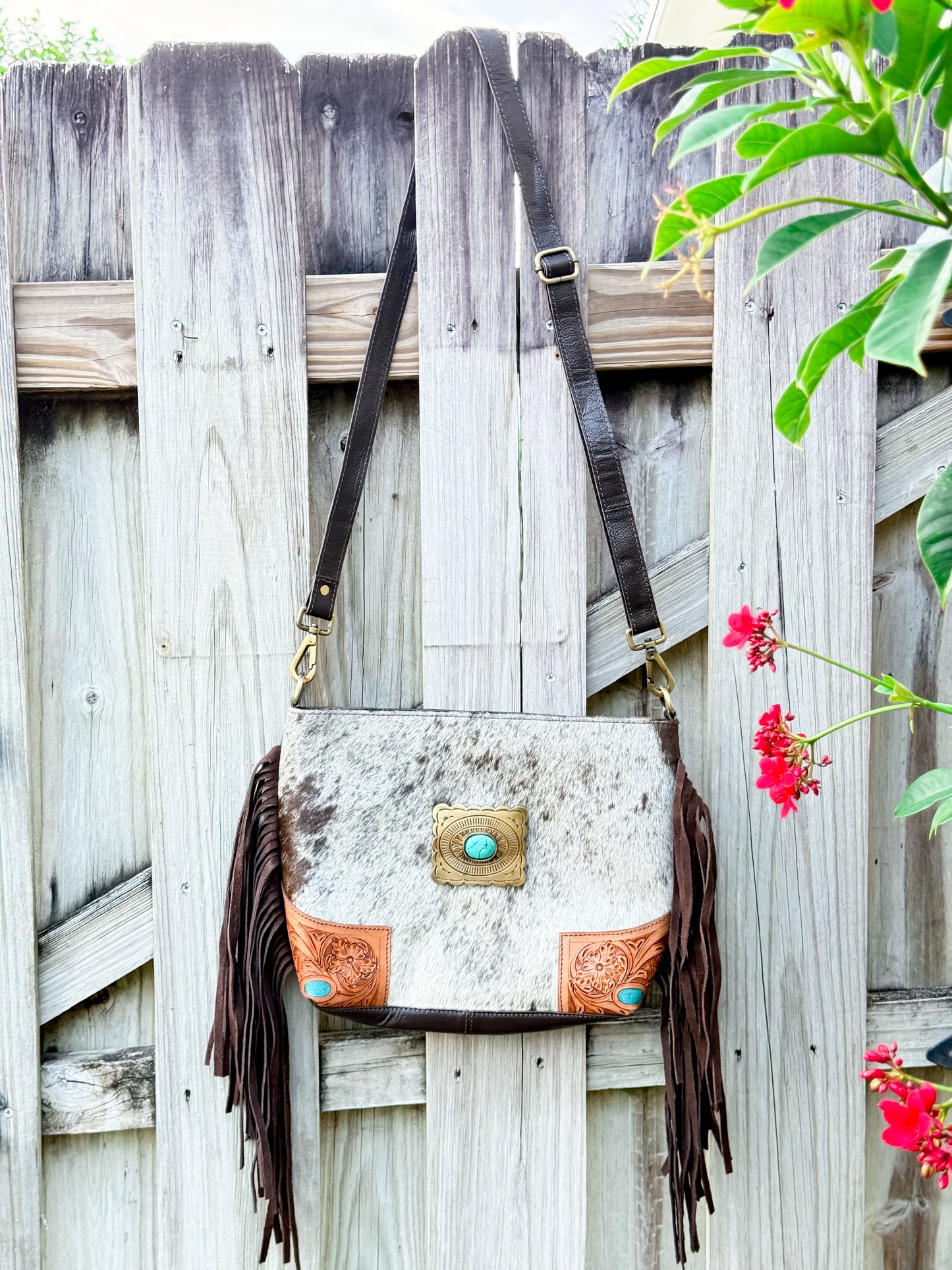 The Concho Carryall: Hair-On Cowhide & Tooled Leather Crossbody Purse