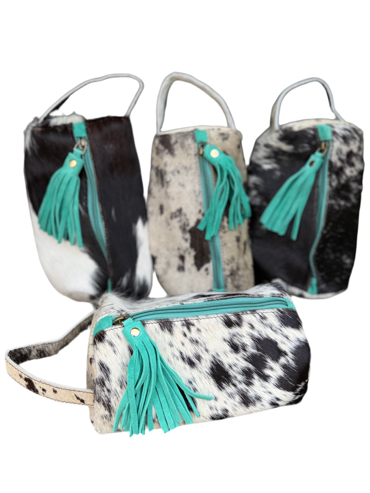Black/White Cowhide & Leather Travel Cosmetic Bag | Turquoise Fringe