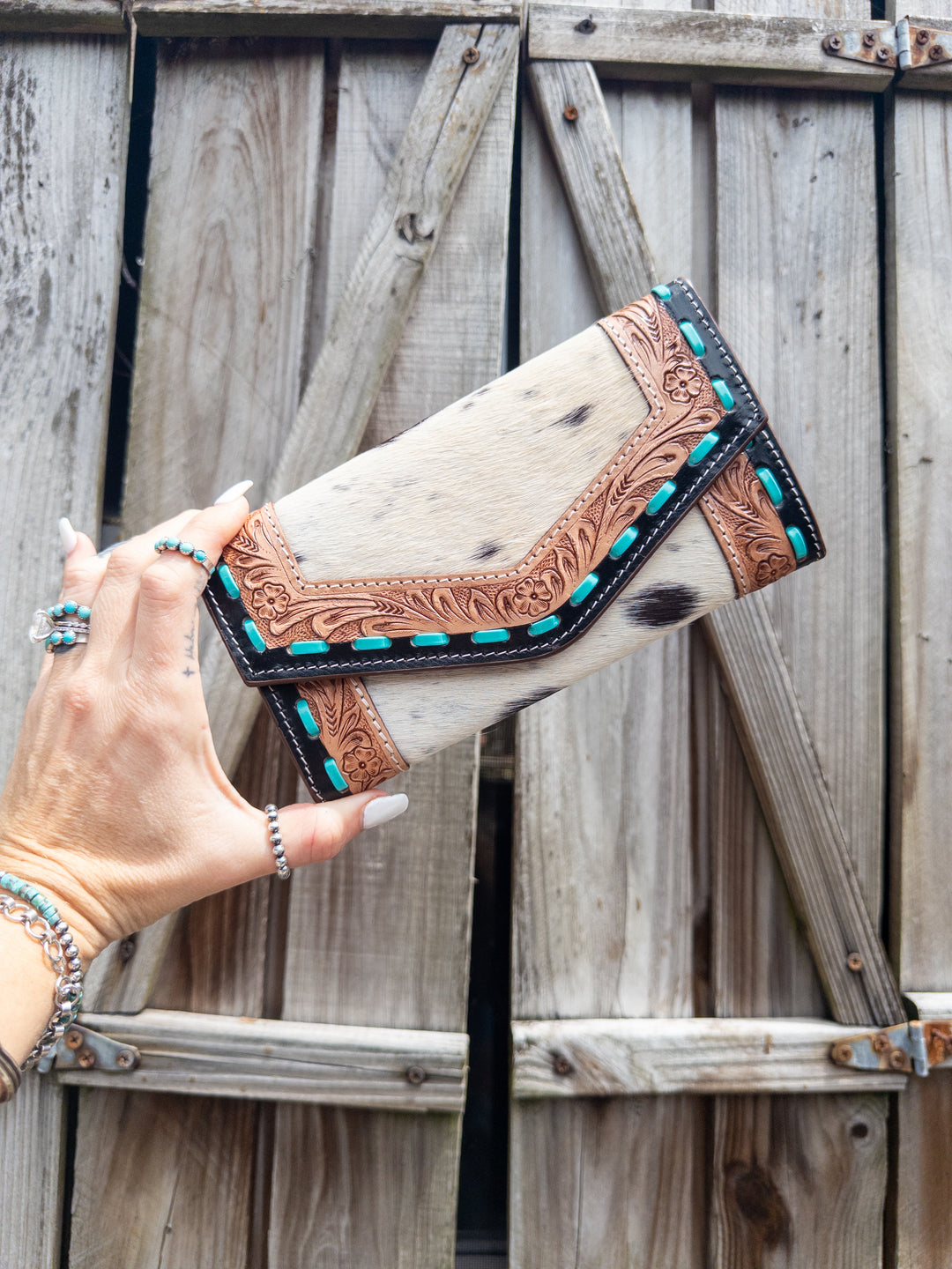 Cowhide & Tooled Leather Western Wallet – Black, Brown & White Hide (The Ironwood)