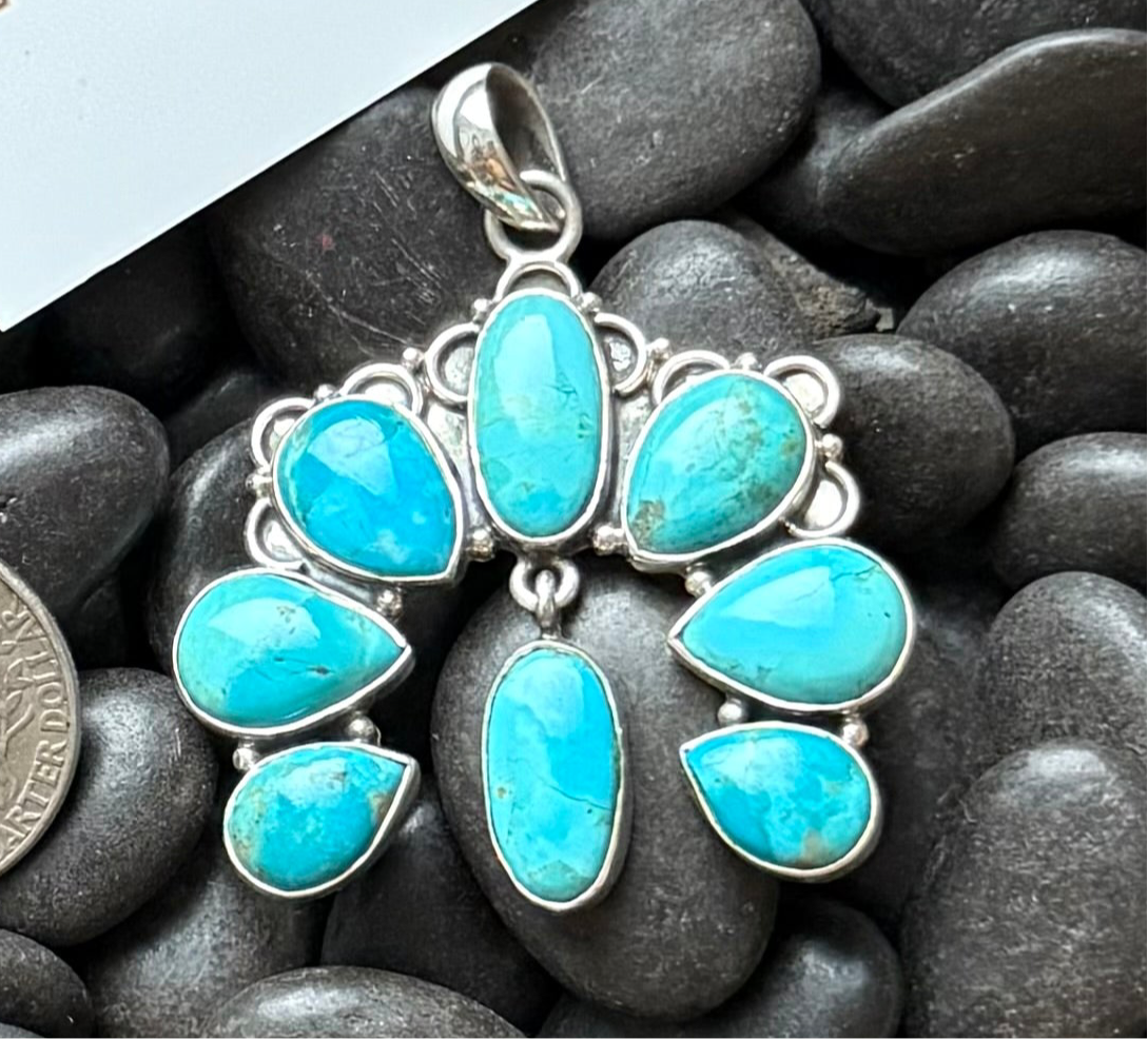 Turquoise Fan Naja Style Pendant — Southwestern Artisan Sterling Silver