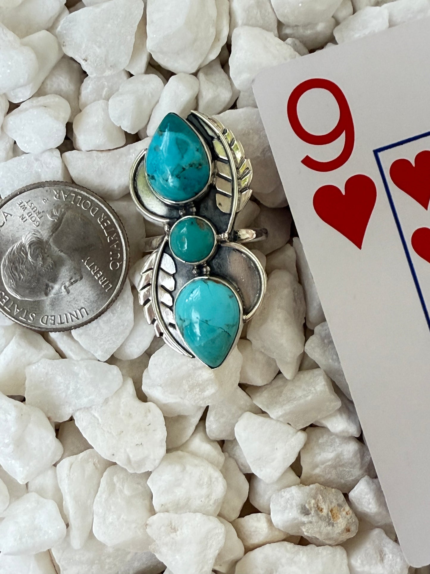 The Desert Feather – Triple Turquoise Statement Ring Sz 9