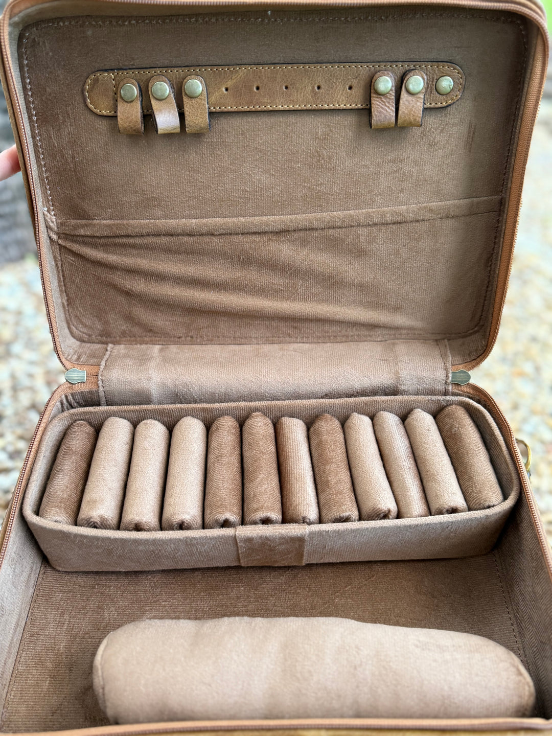 The Double Decker in Tan | Large Tan and White Cowhide and Tooled Leather Jewelry Case