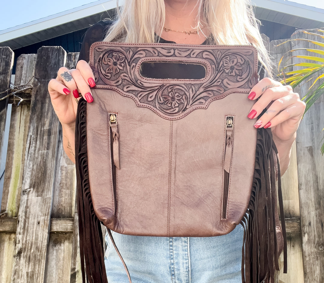 The Sidekick | Tooled Leather & Cowhide Concealed Carry Crossbody with Fringe Sides