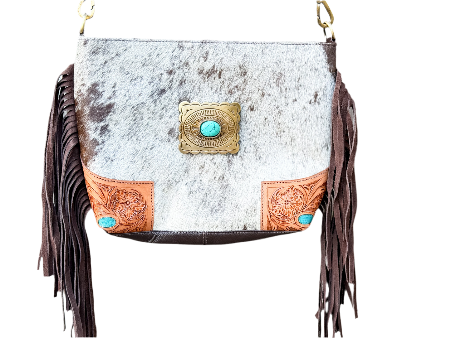 The Concho Carryall: Hair-On Cowhide & Tooled Leather Crossbody Purse